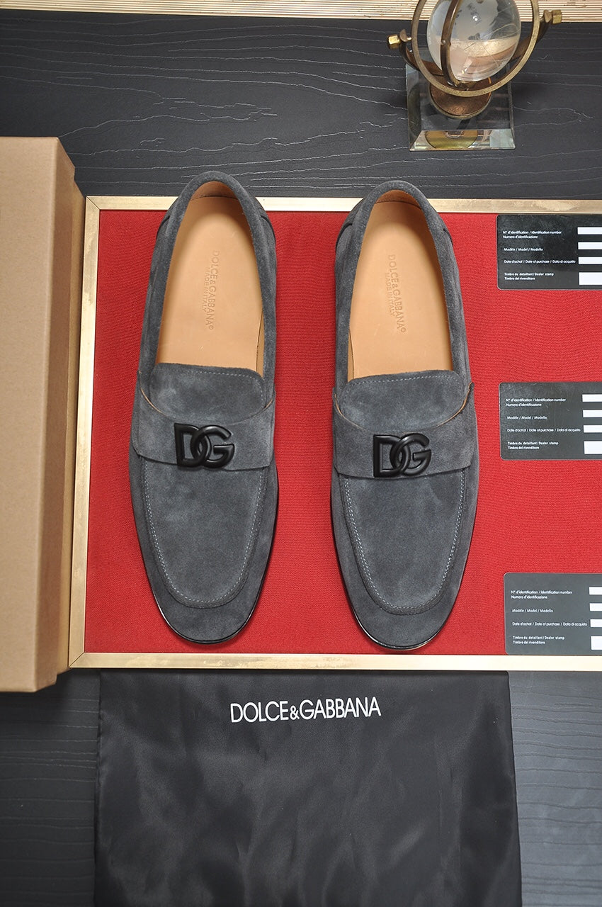 Dolce & Gabbana New Florio Grey Suede DG Logo Loafers
