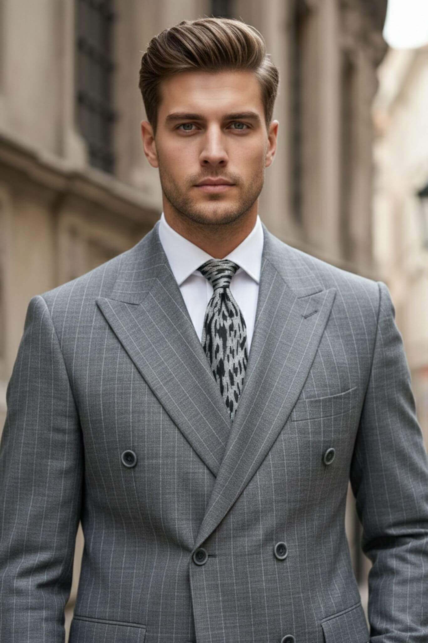 Man wearing a gray checkered suit with a patterned tie in an urban setting