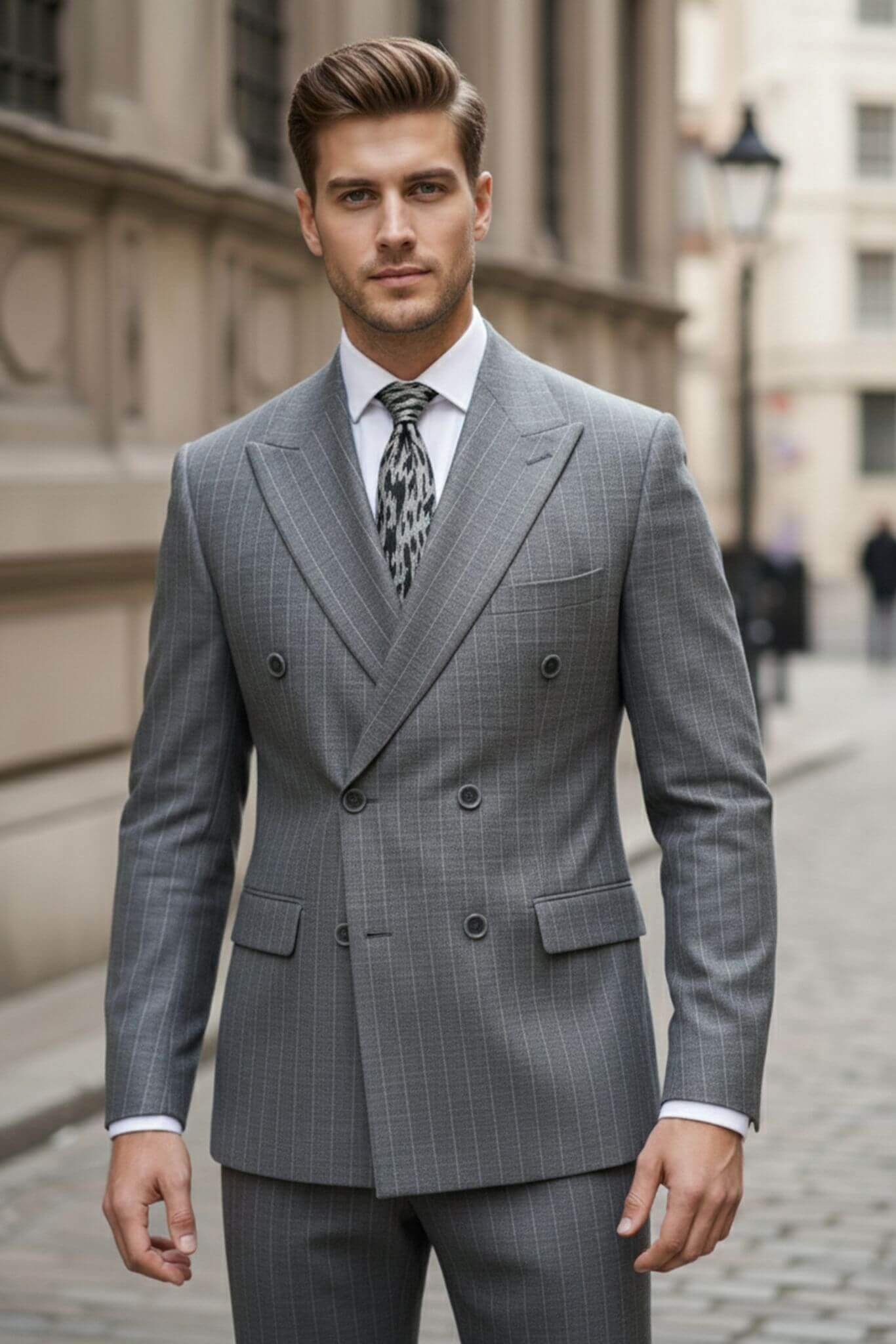 Man wearing a Gray Slim-Fit Pinstripe Double-Breasted Suit with a patterned tie on a city street.