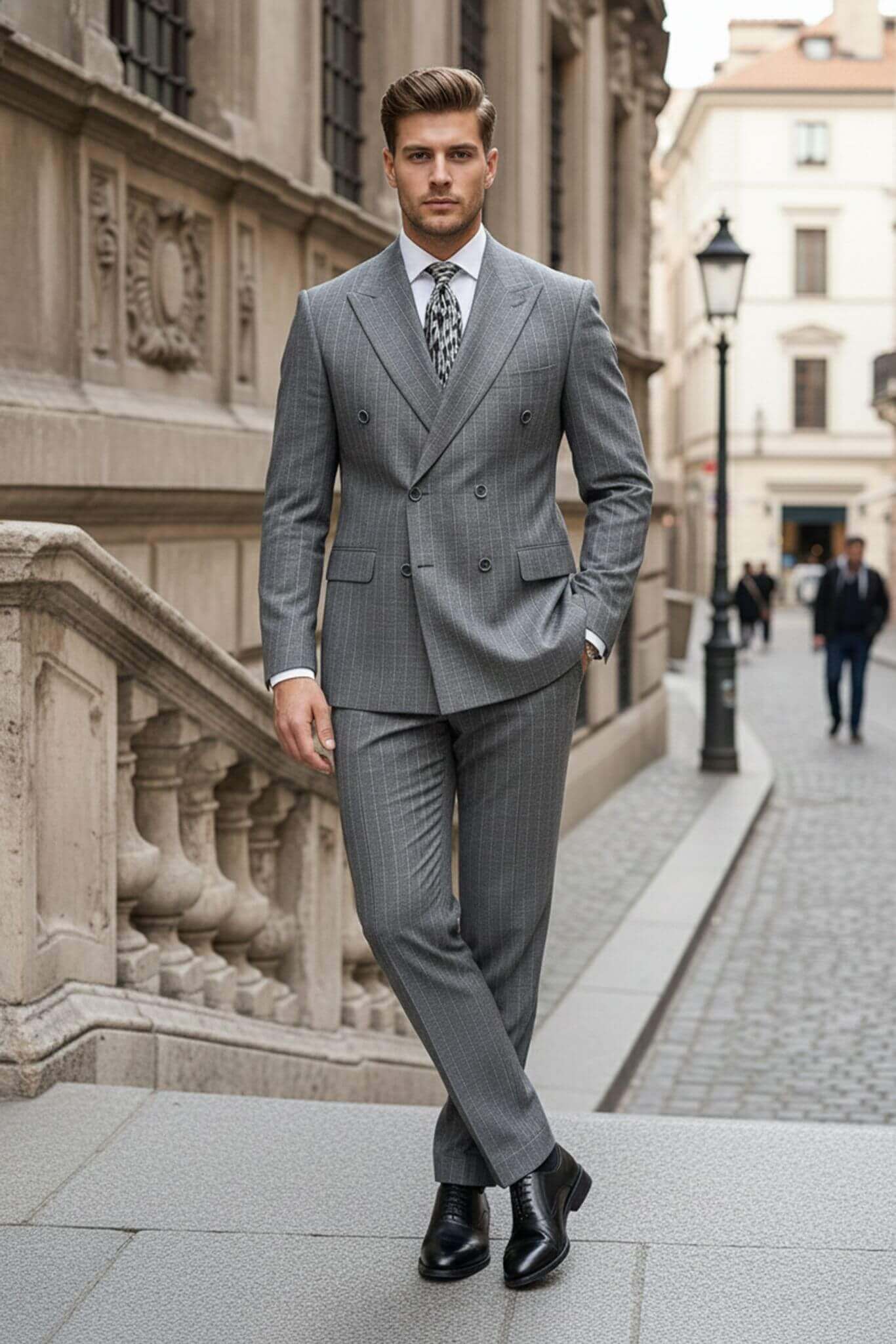 Man in a Gray Slim-Fit Pinstripe Double-Breasted Suit walking down a city street.