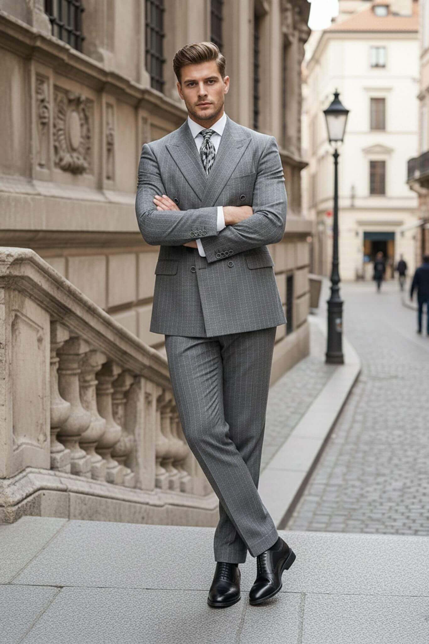 Man in a Gray Slim-Fit Pinstripe Double-Breasted Suit standing on a city street