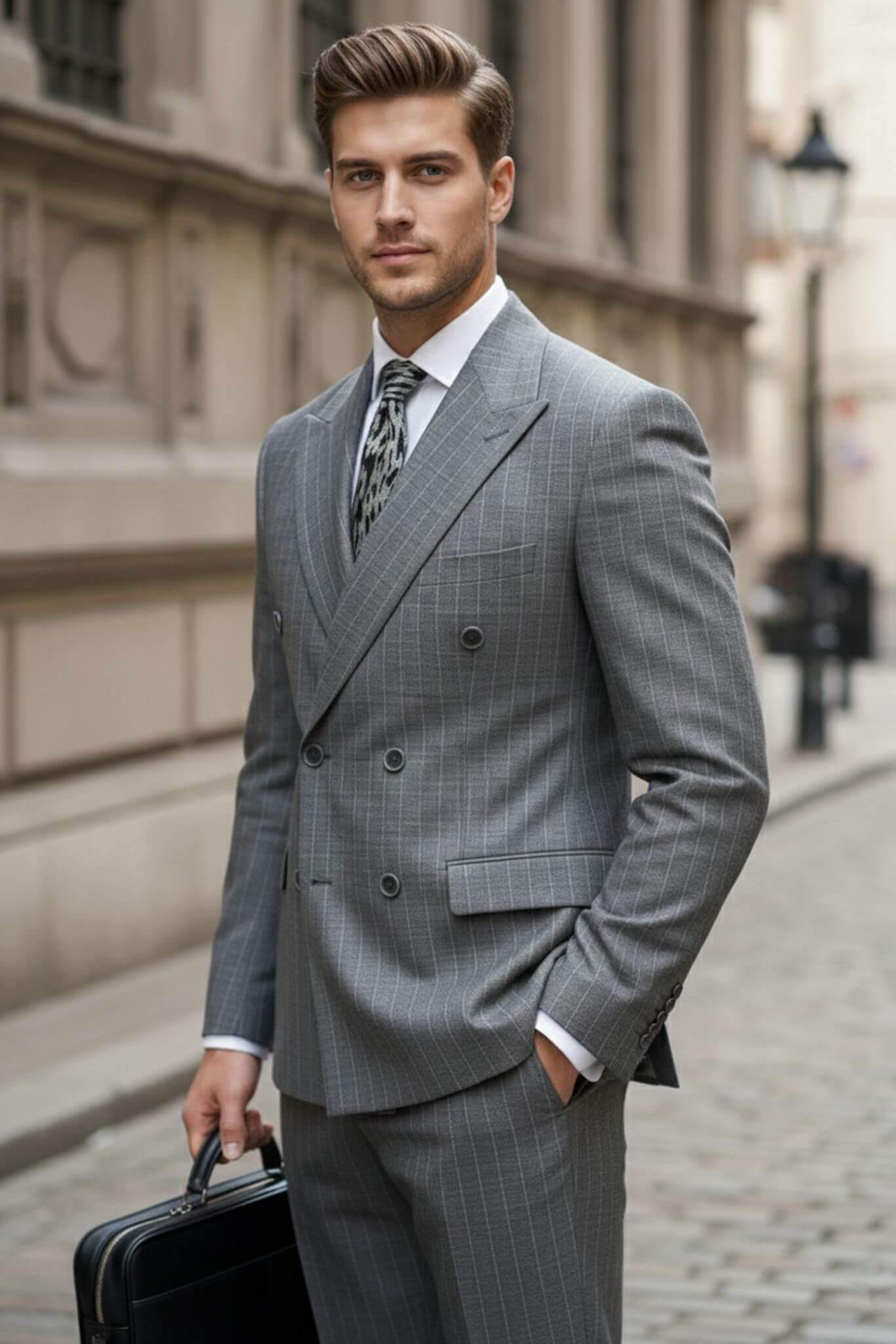 Man in a Gray Slim-Fit Pinstripe Double-Breasted Suit standing on a city street