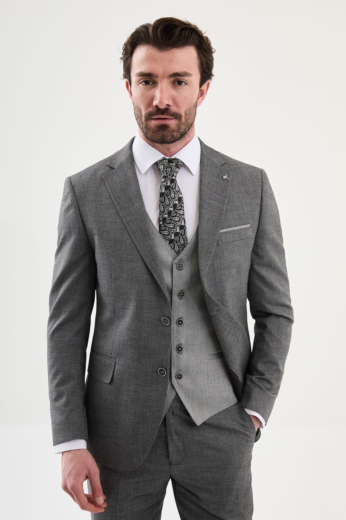 Grey 3-Piece Slim Fit Suit for Men — Textured Weave | Wedding & Formal Suit