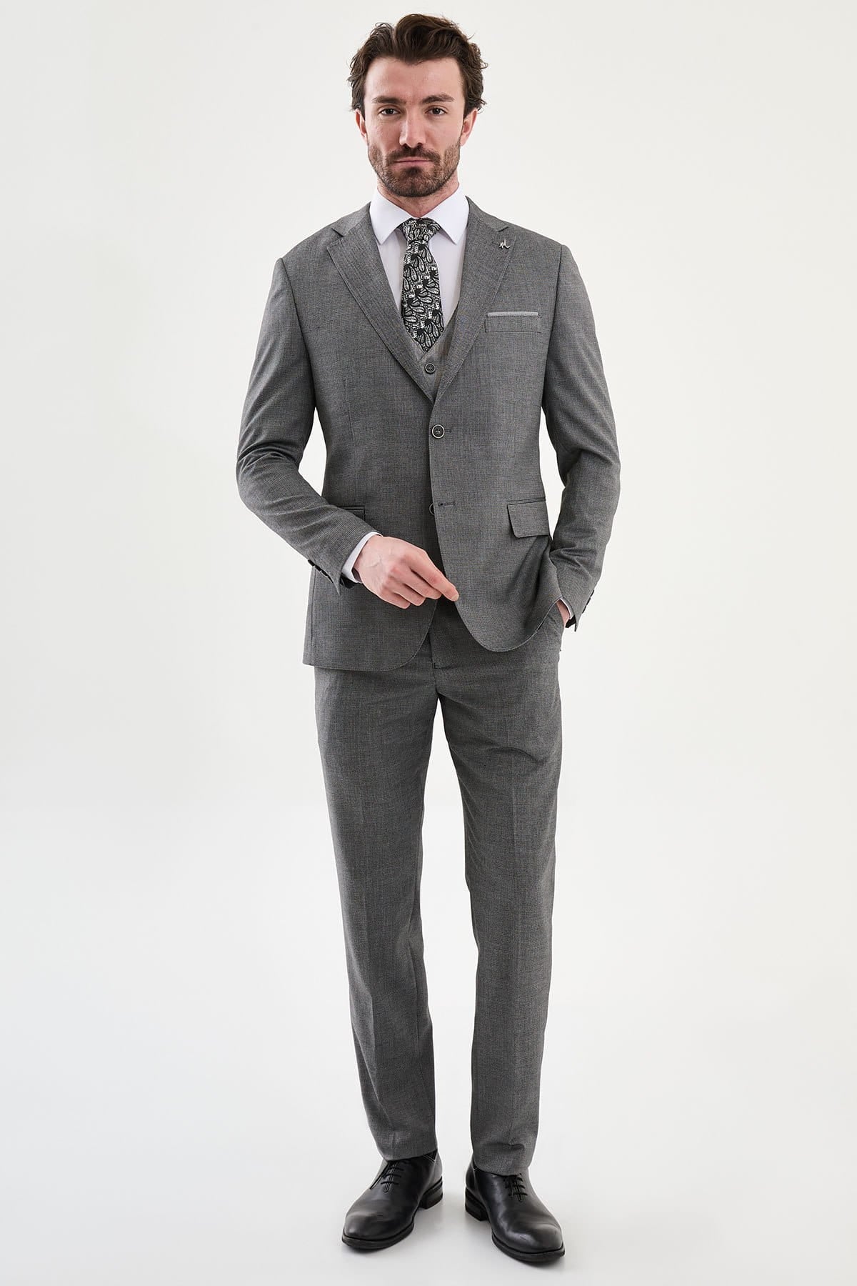 Grey 3-Piece Slim Fit Suit for Men — Textured Weave | Wedding & Formal Suit