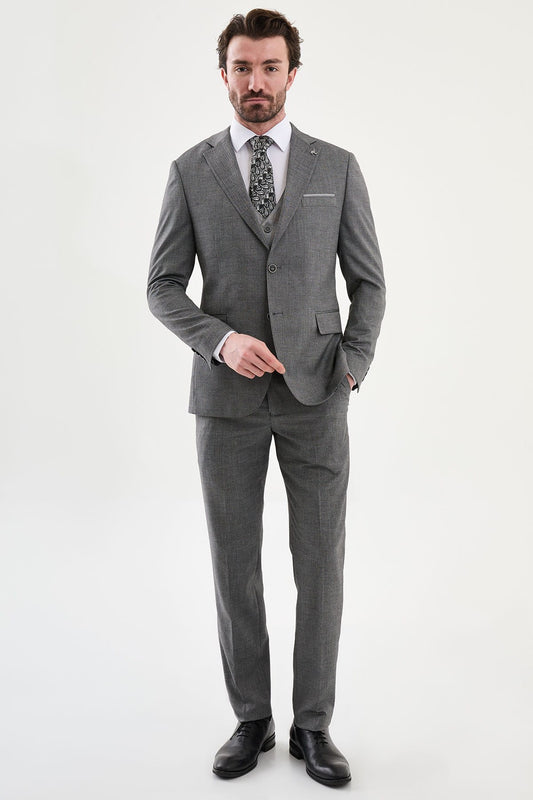 Grey 3-Piece Slim Fit Suit for Men — Textured Weave | Wedding & Formal Suit
