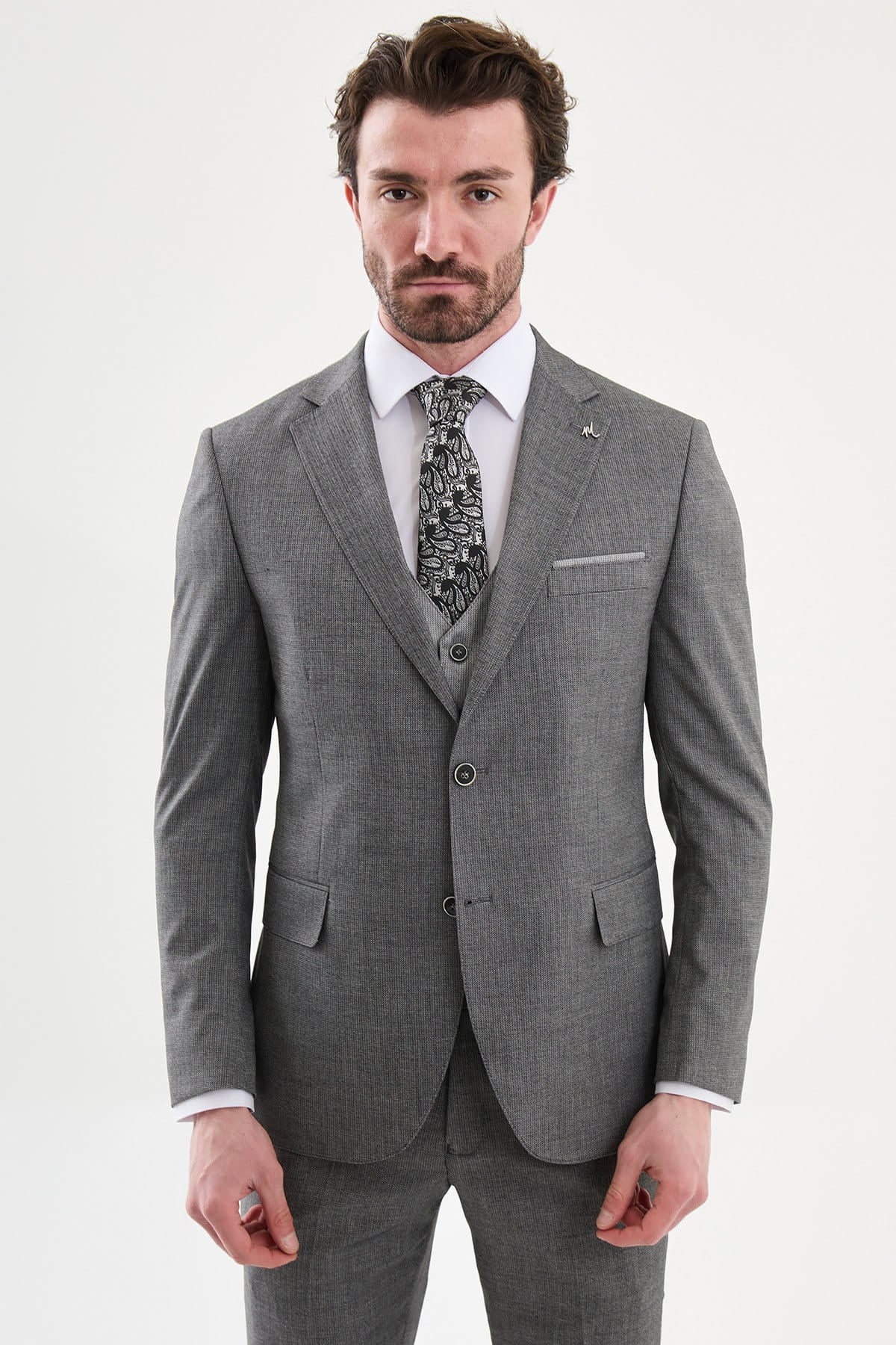 Grey 3-Piece Slim Fit Suit for Men — Textured Weave | Wedding & Formal Suit