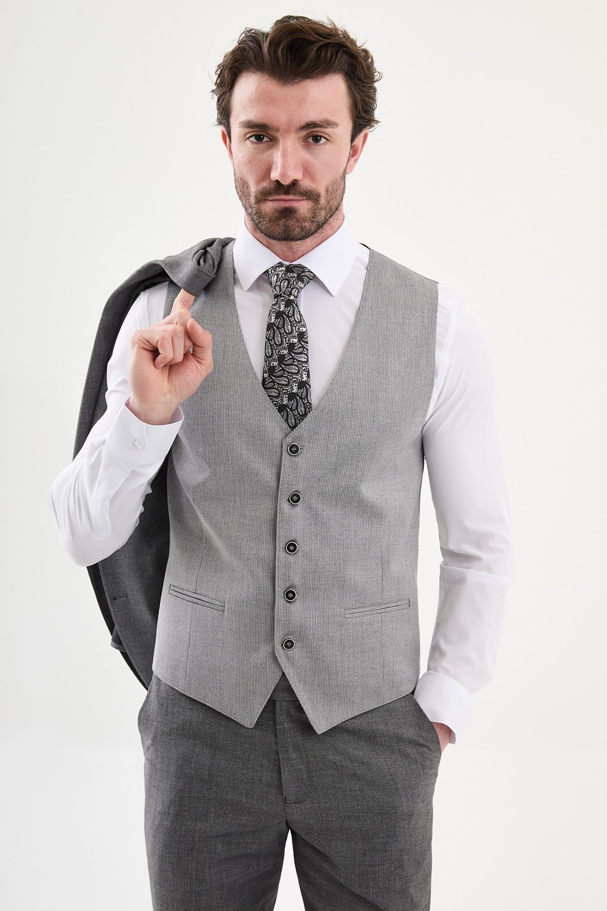 Grey 3-Piece Slim Fit Suit for Men — Textured Weave | Wedding & Formal Suit