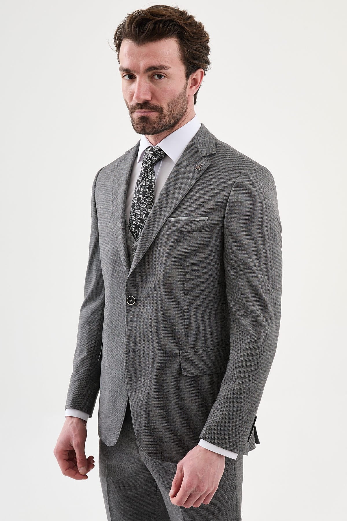 Grey 3-Piece Slim Fit Suit for Men — Textured Weave | Wedding & Formal Suit
