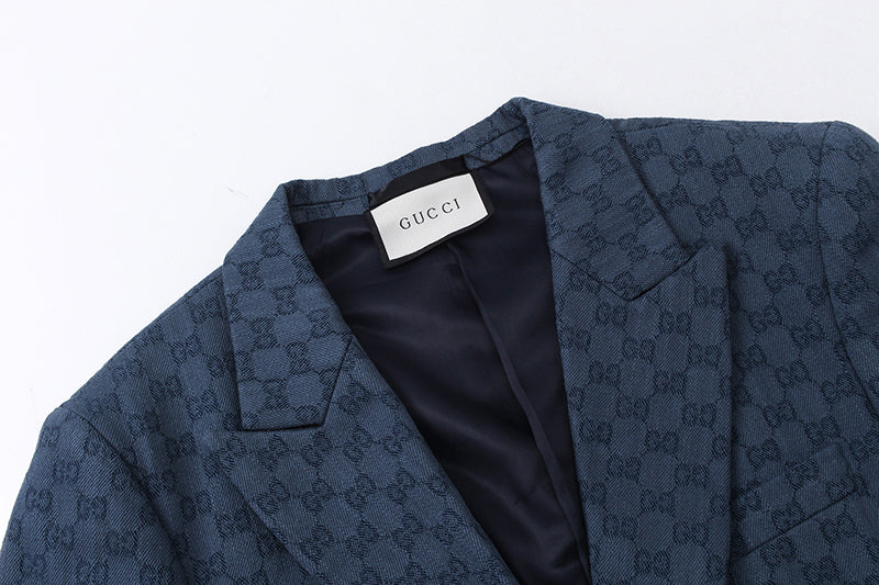 Gucci Gg linen-cotton Graphite Blue Jacquard Suit