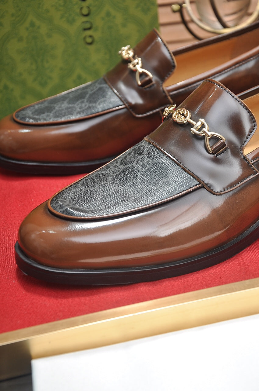 Gucci Brown Leather GG Canvas Horsebit Loafers