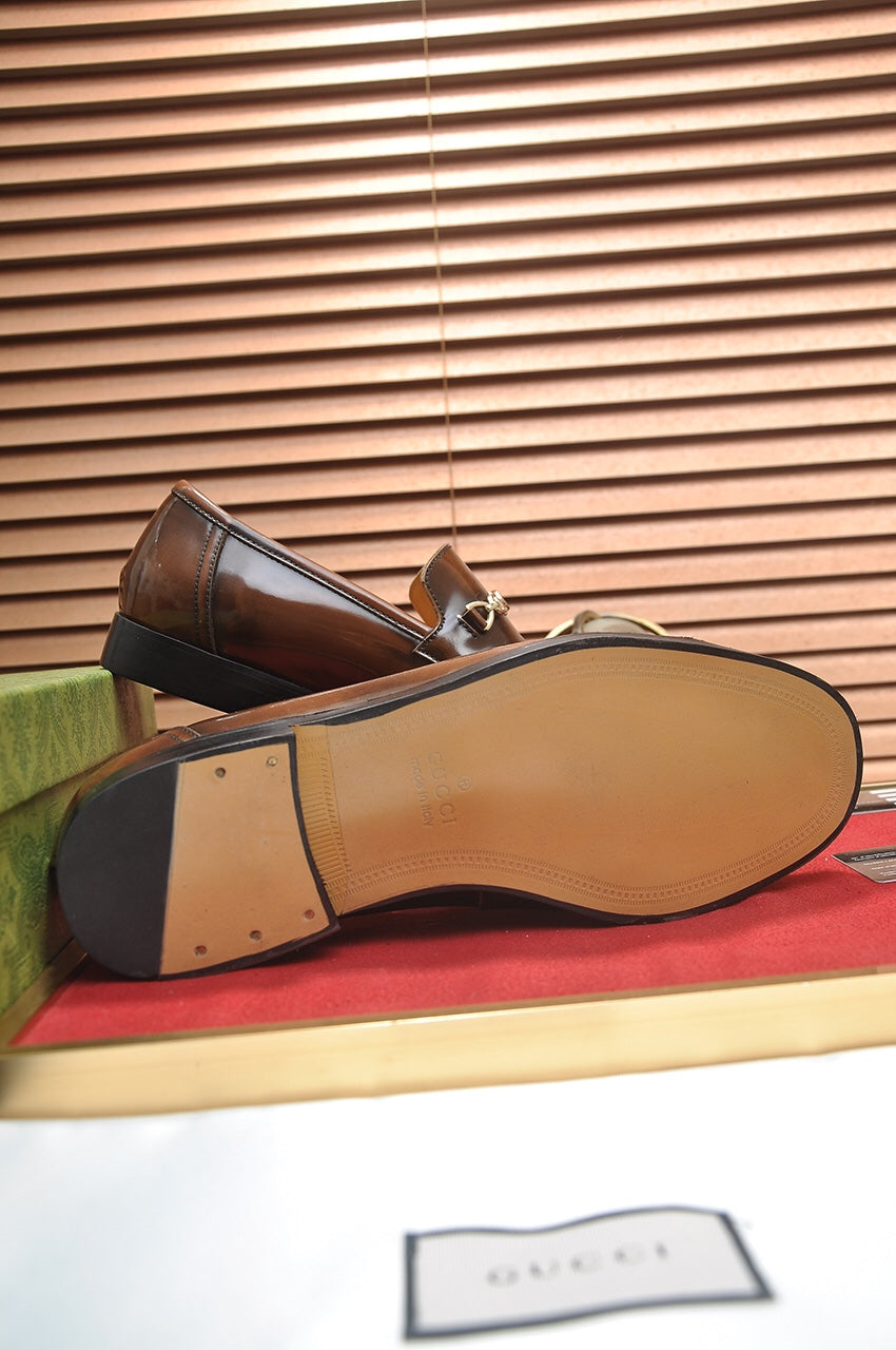 Gucci Brown Leather GG Canvas Horsebit Loafers