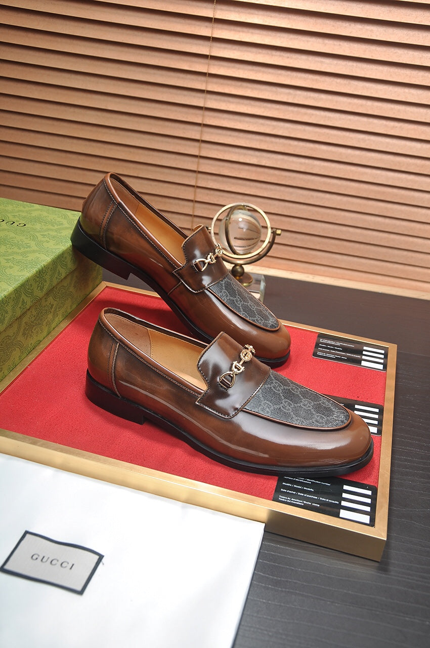 Gucci Brown Leather GG Canvas Horsebit Loafers
