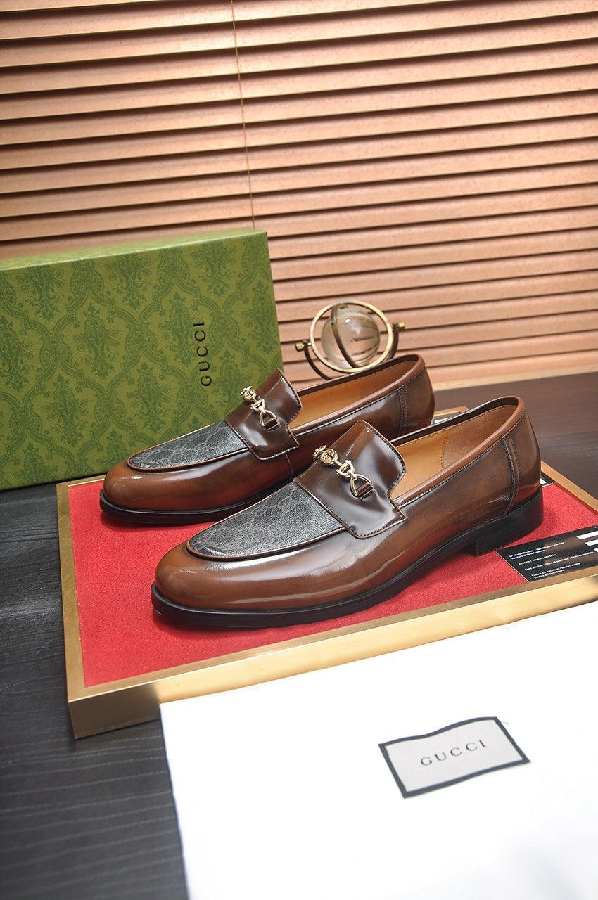 Gucci Brown Leather GG Canvas Horsebit Loafers