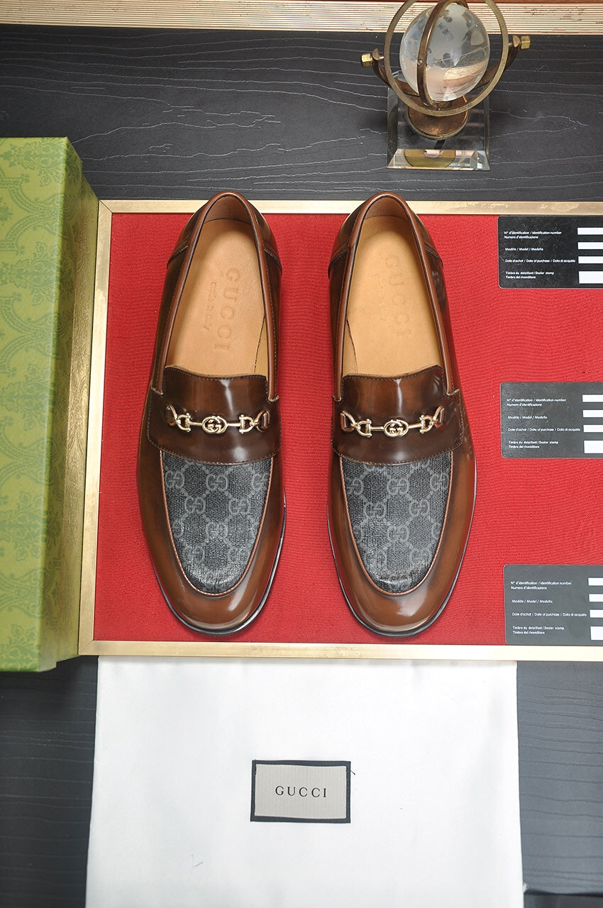 Gucci Brown Leather GG Canvas Horsebit Loafers