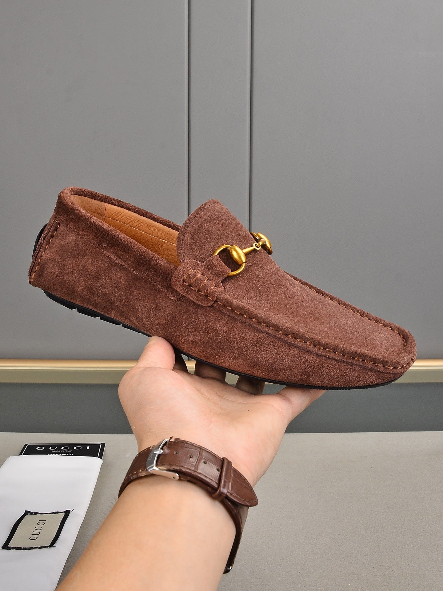 Gucci Brown Suede Horsebit Driving Loafer