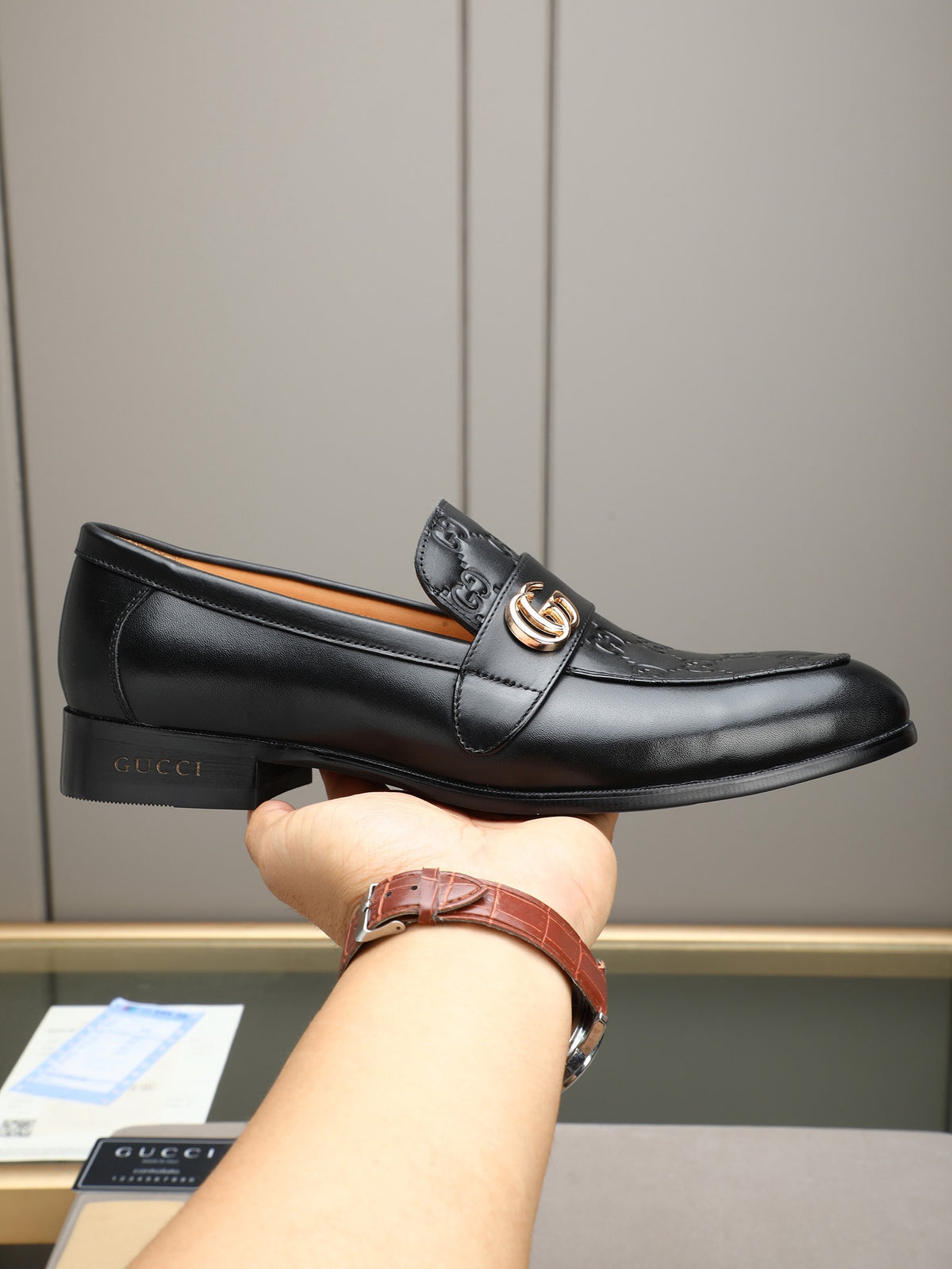Gucci Double G Black Embossed Leather Loafer