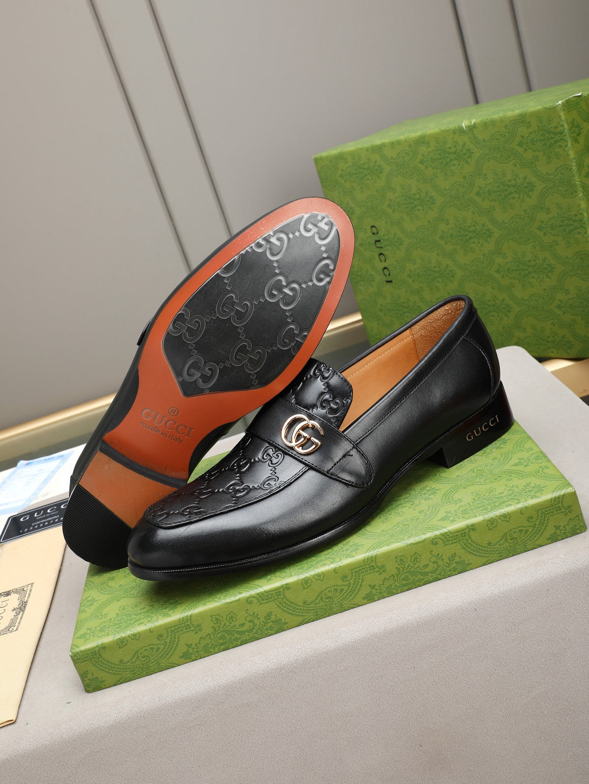 Gucci Double G Black Embossed Leather Loafer