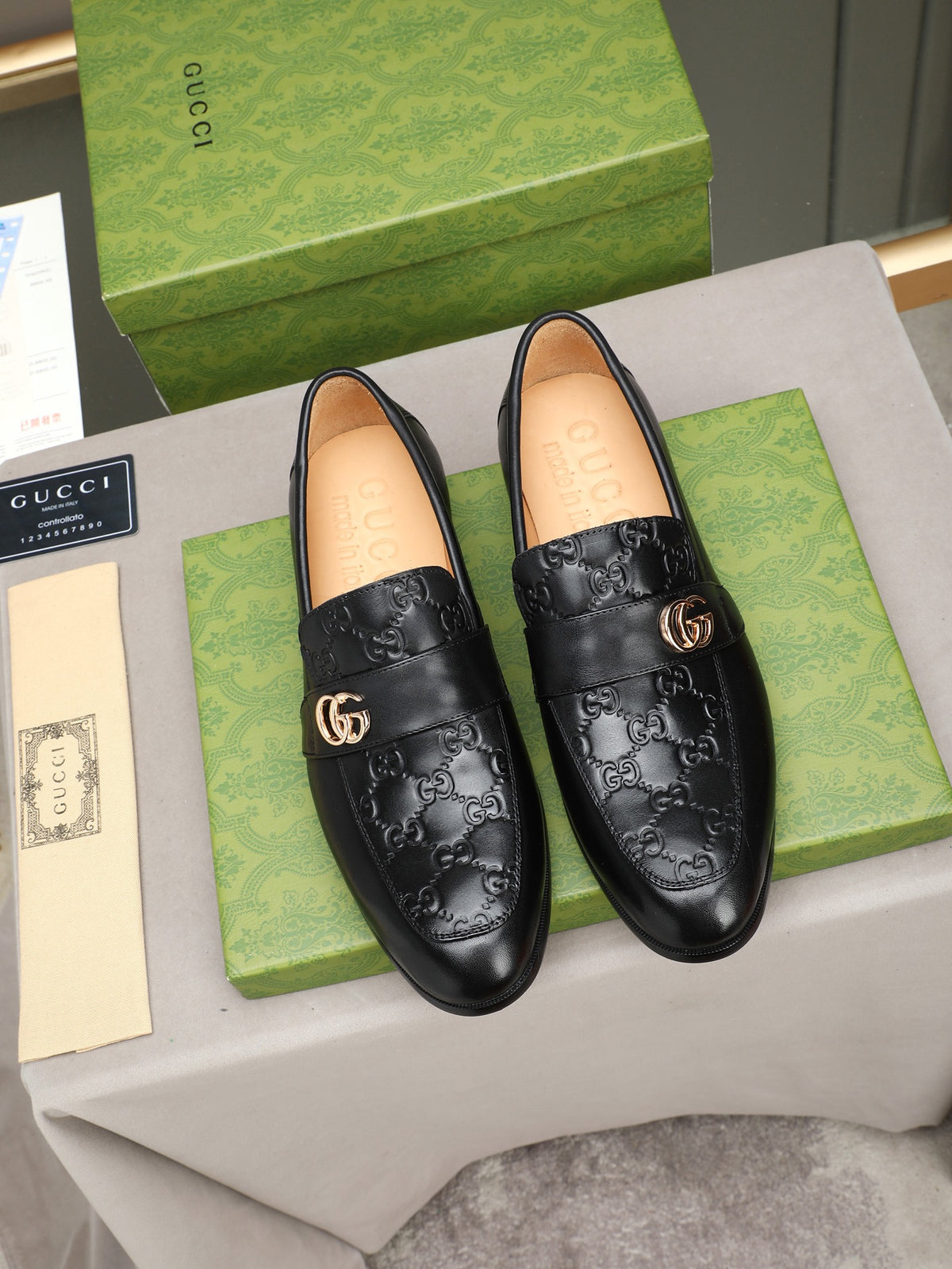 Gucci Double G Black Embossed Leather Loafer