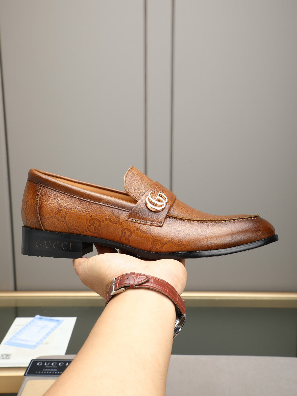Gucci Double G Brown GG Monogram Leather Loafer