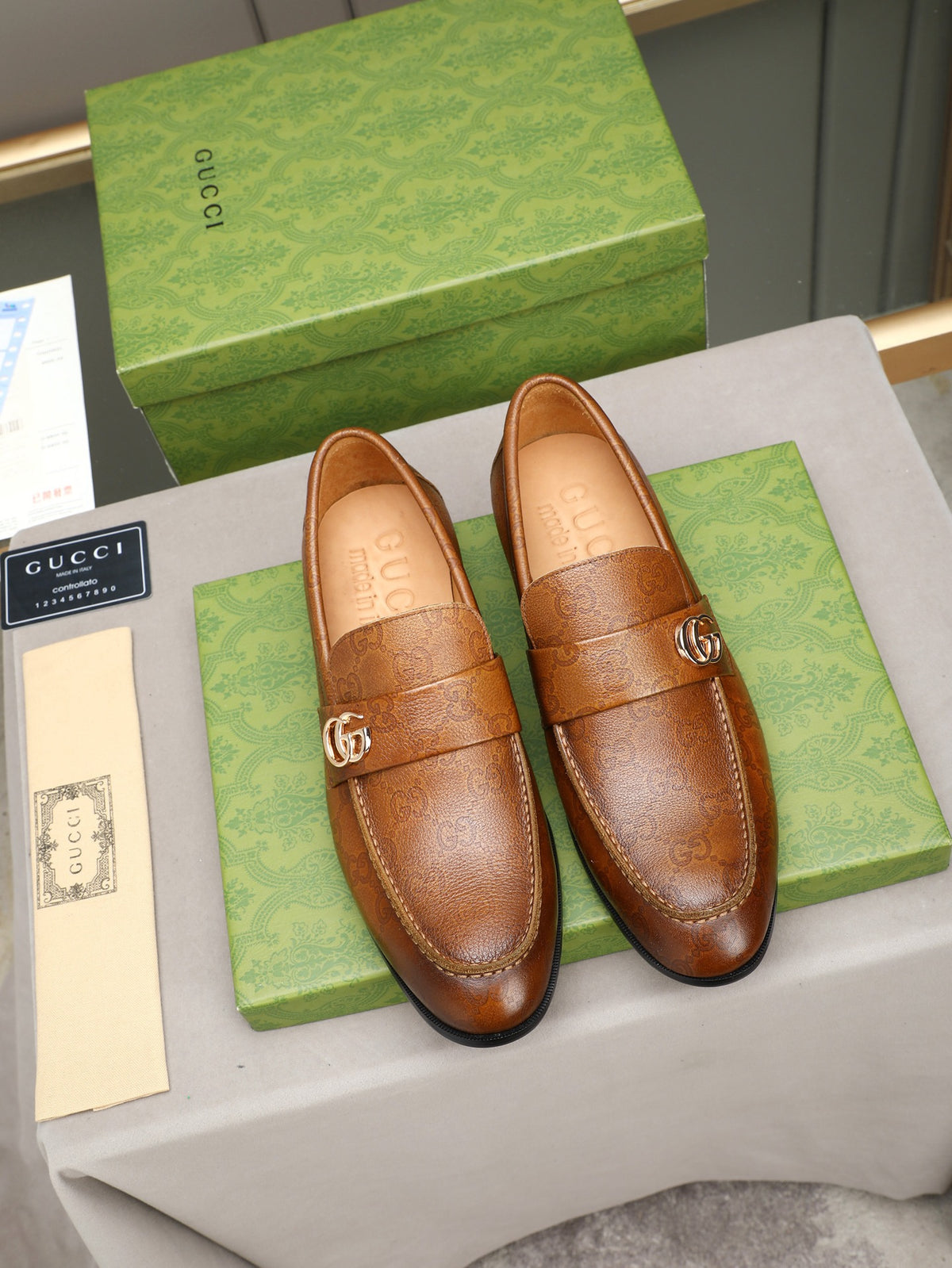 Gucci Double G Brown GG Monogram Leather Loafer