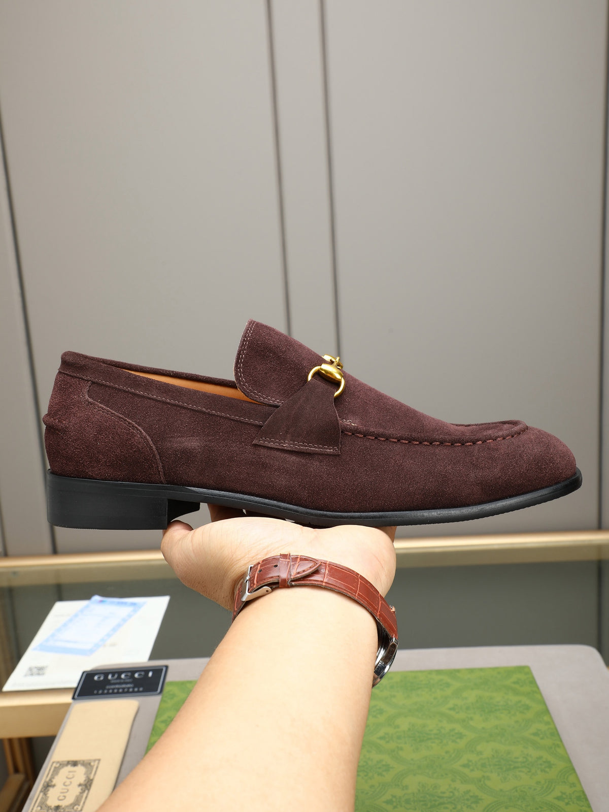 Gucci Jordaan Dark Brown Suede Horsebit Loafer