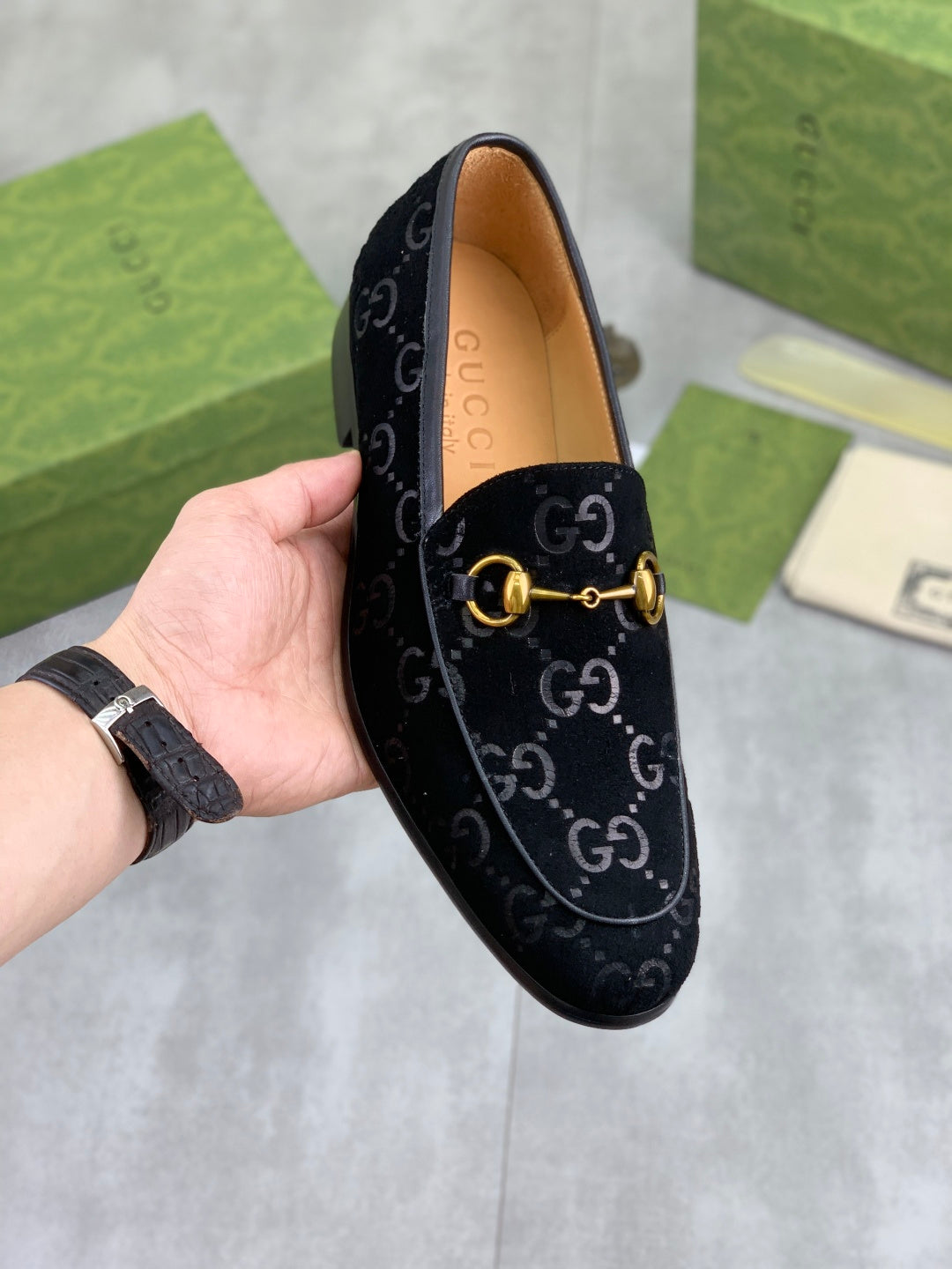 Gucci Jordaan GG Velvet Black Loafers