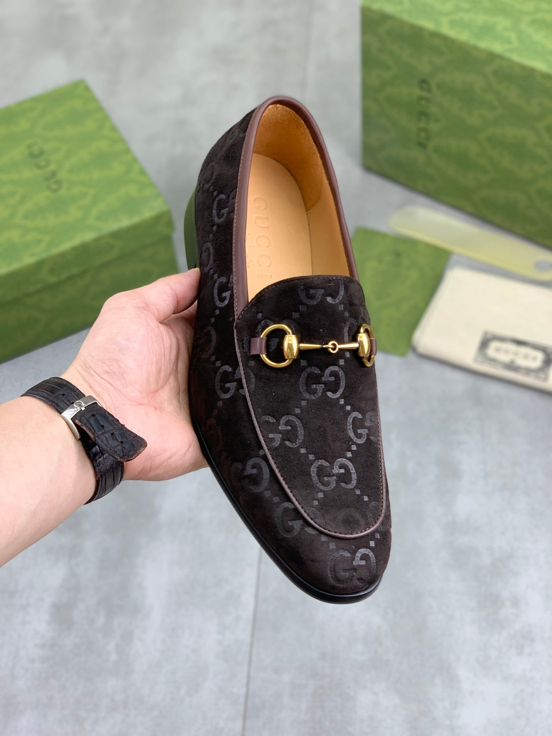 Gucci Jordaan GG Velvet Dark Brown Loafers