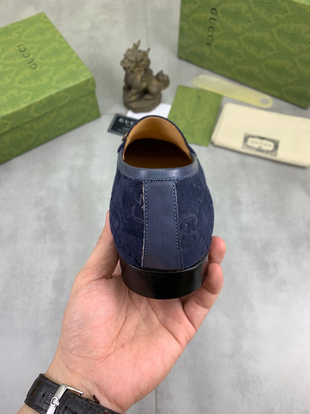Gucci Jordaan GG Velvet Navy Blue Loafers