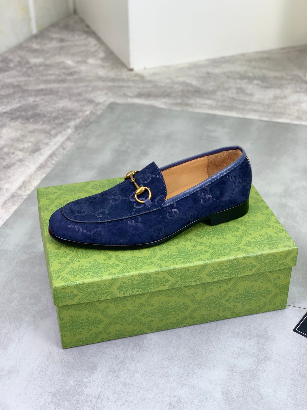 Gucci Jordaan GG Velvet Navy Blue Loafers