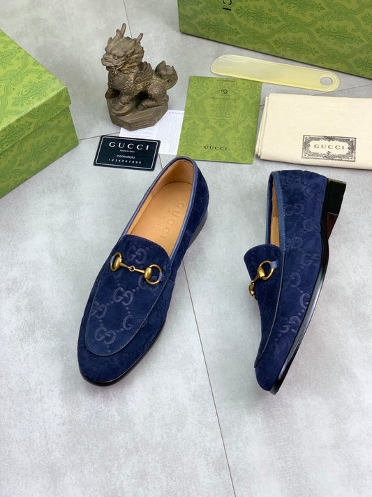 Gucci Jordaan GG Velvet Navy Blue Loafers