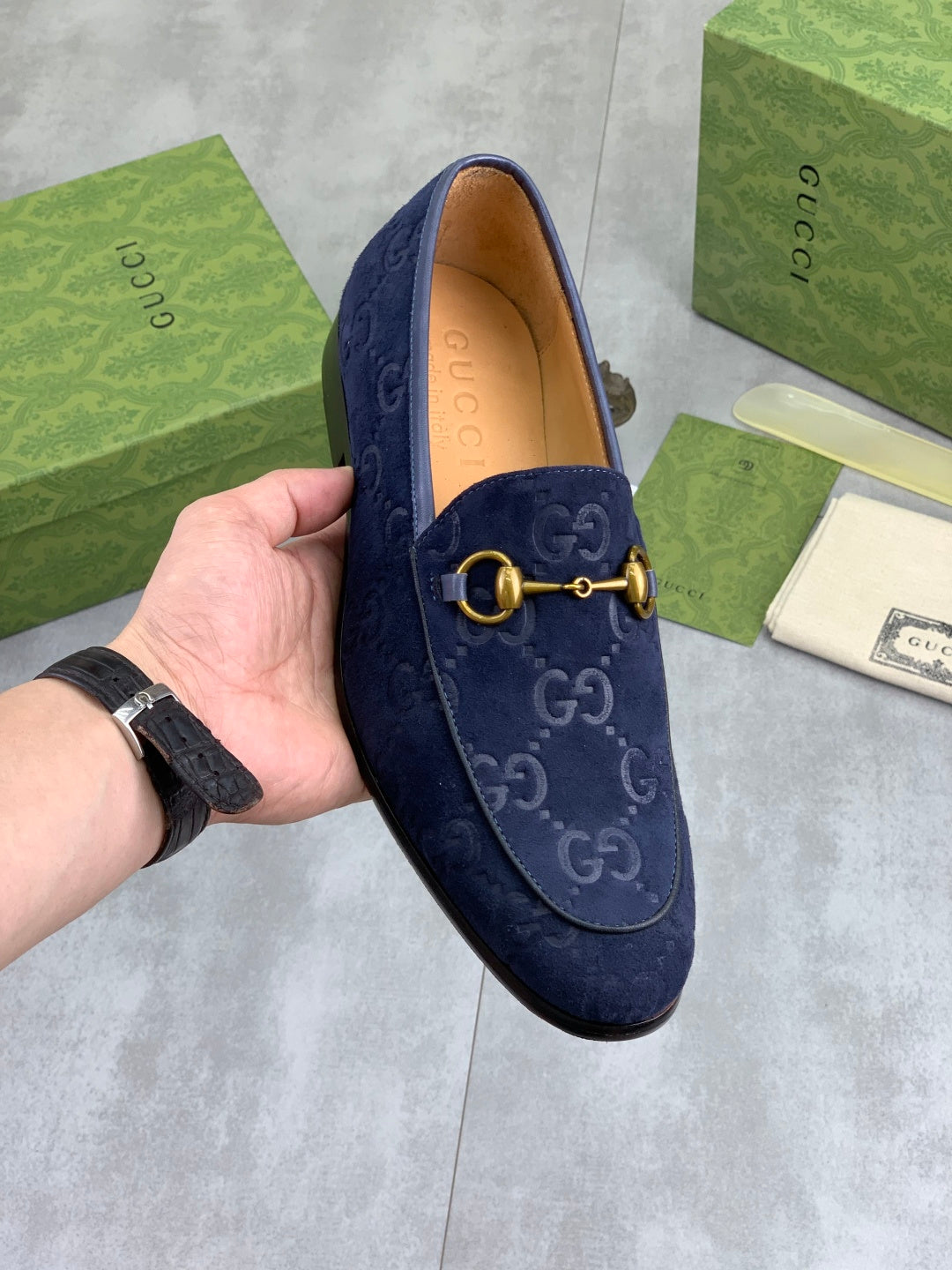 Gucci Jordaan GG Velvet Navy Blue Loafers