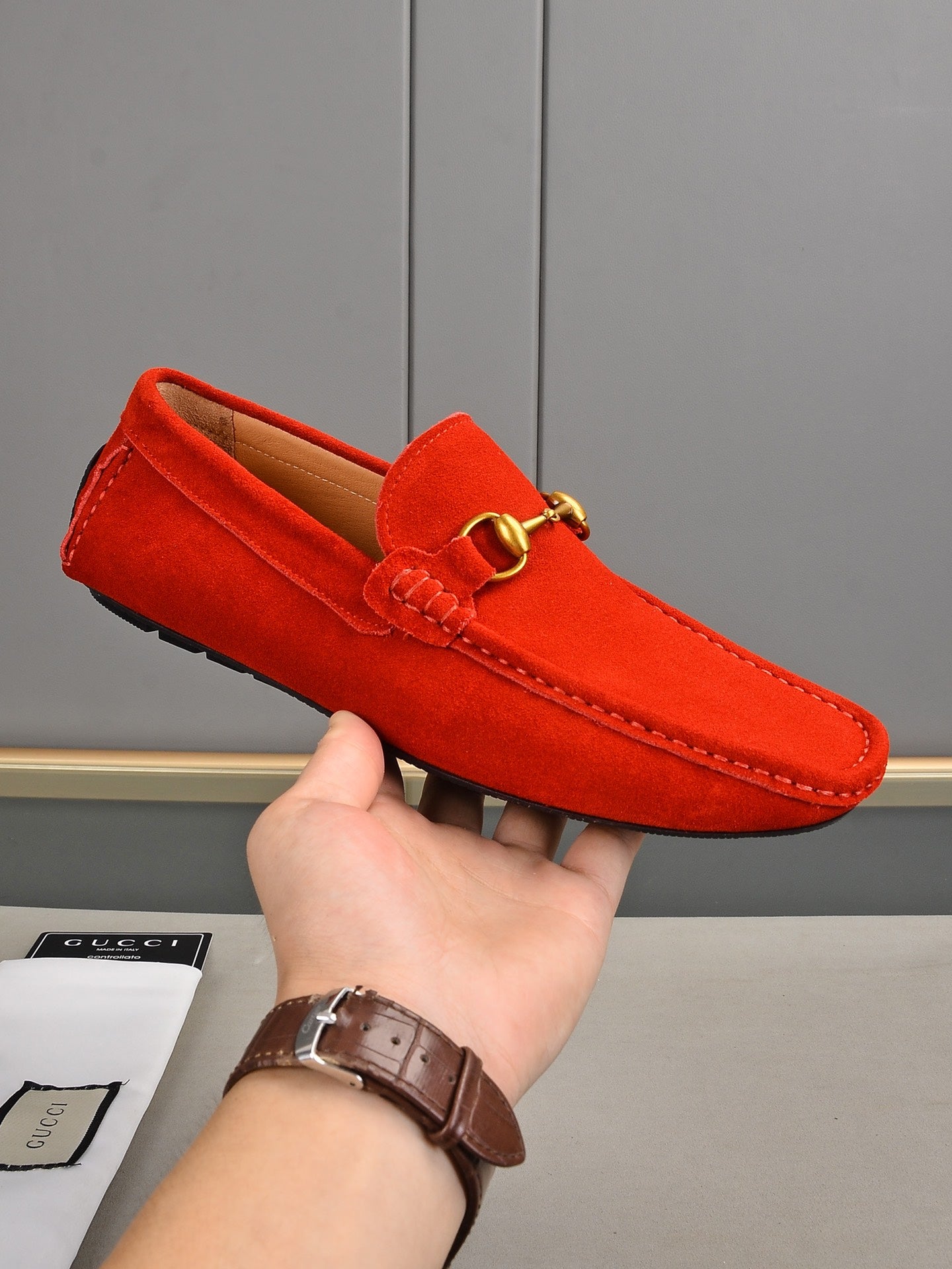 Gucci Red Suede Horsebit Driving Loafer