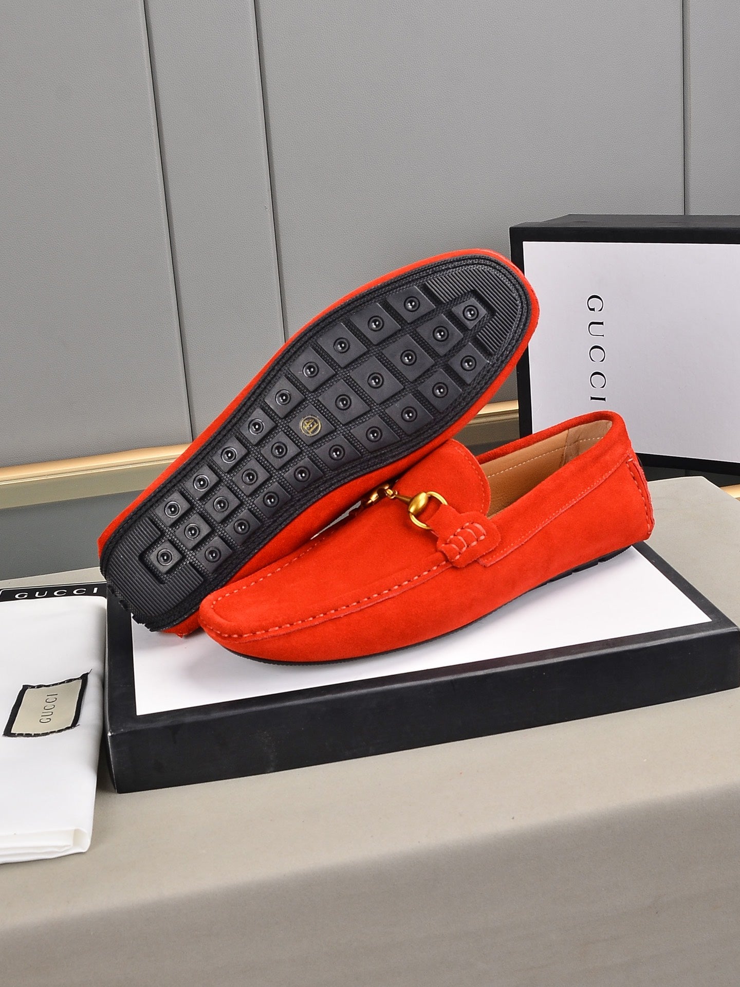 Gucci Red Suede Horsebit Driving Loafer