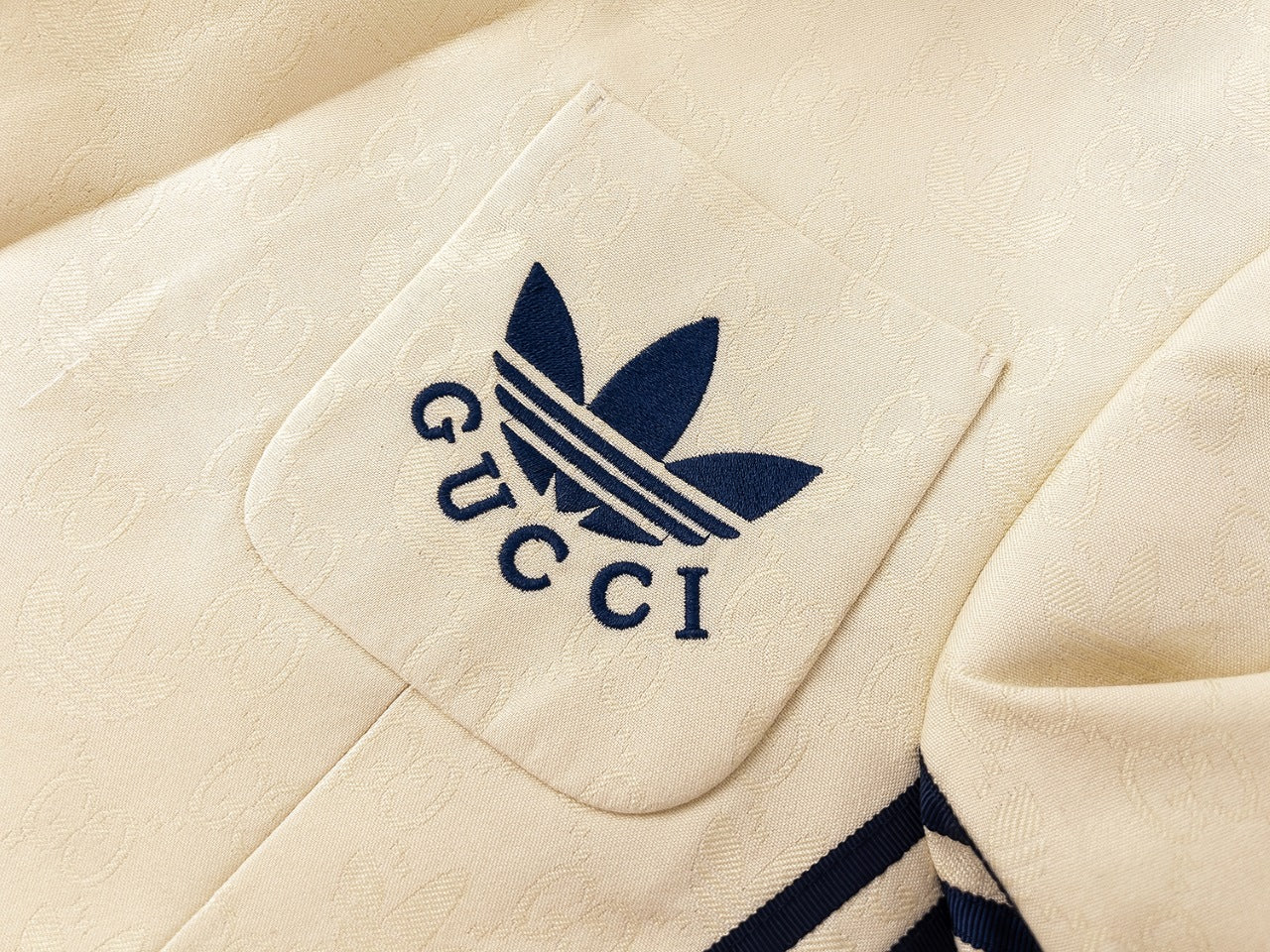 Gucci x Adidas Ivory Jacquard Suit With Black Side Stripes