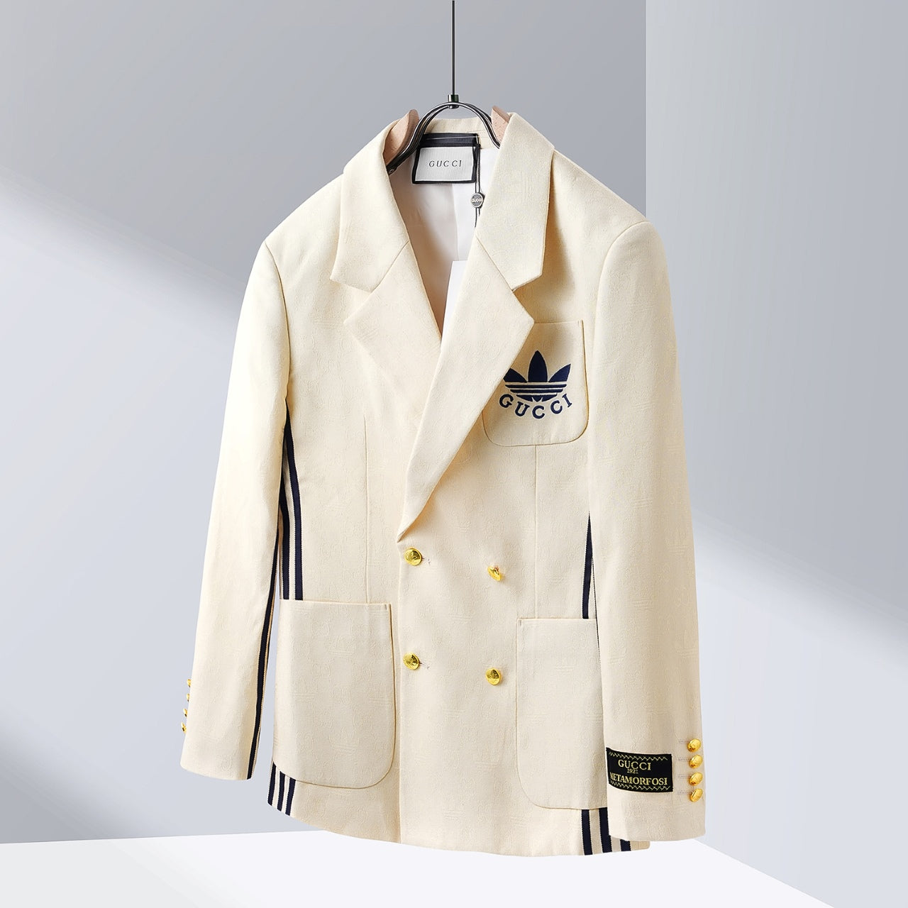 Gucci x Adidas Ivory Jacquard Suit With Black Side Stripes