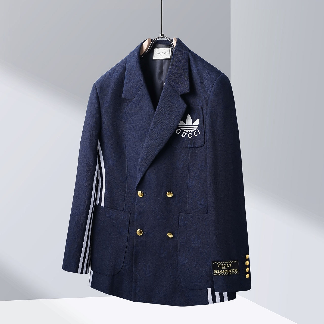 Gucci x Adidas Navy Jacquard Suit With White Side Stripes