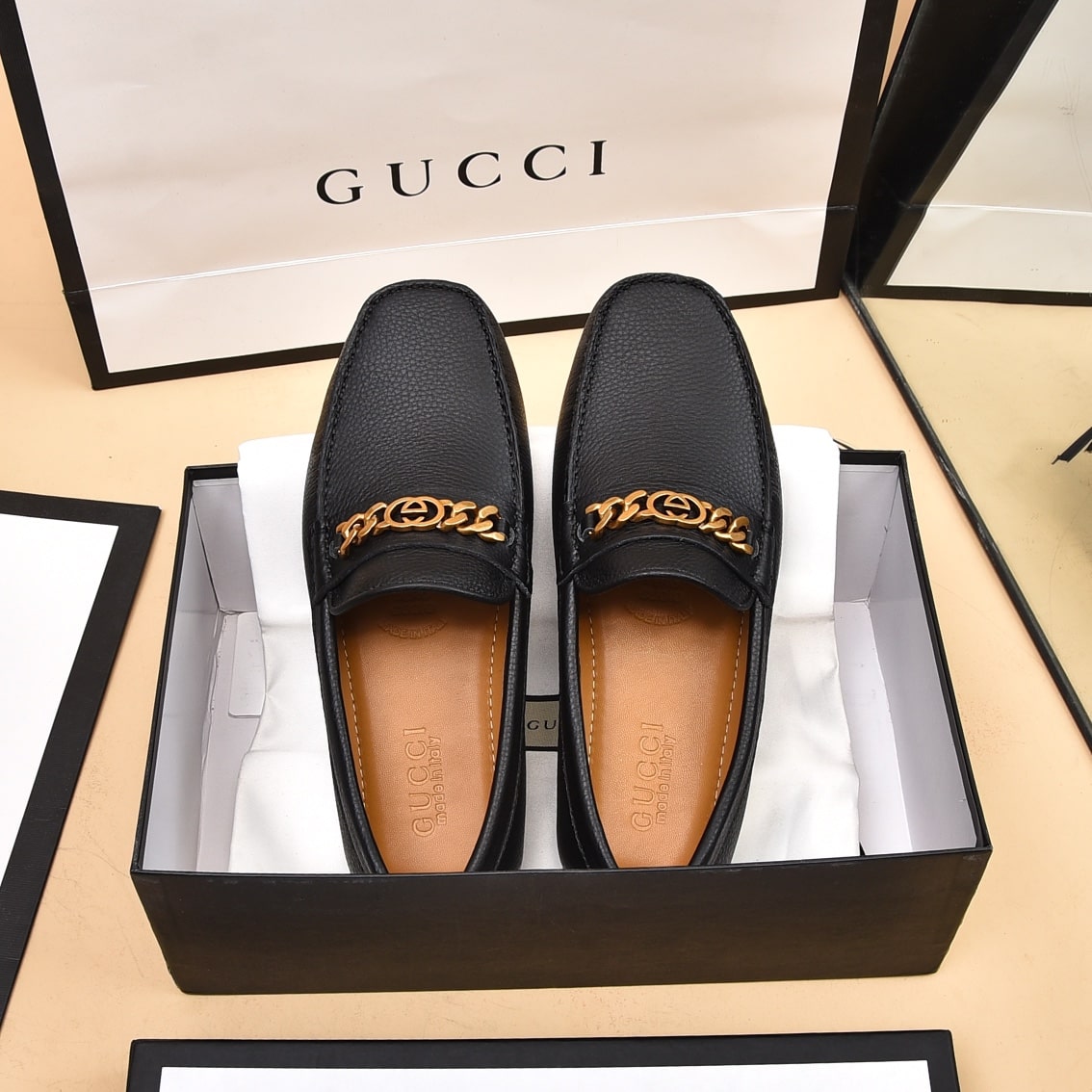 Gucci Black Leather G Chain Driving Loafer