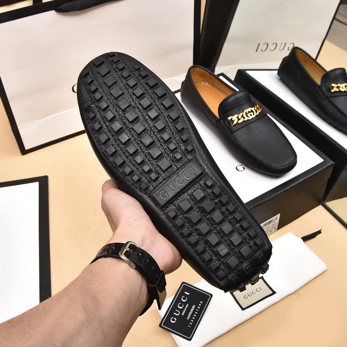 Gucci Black Leather G Chain Driving Loafer