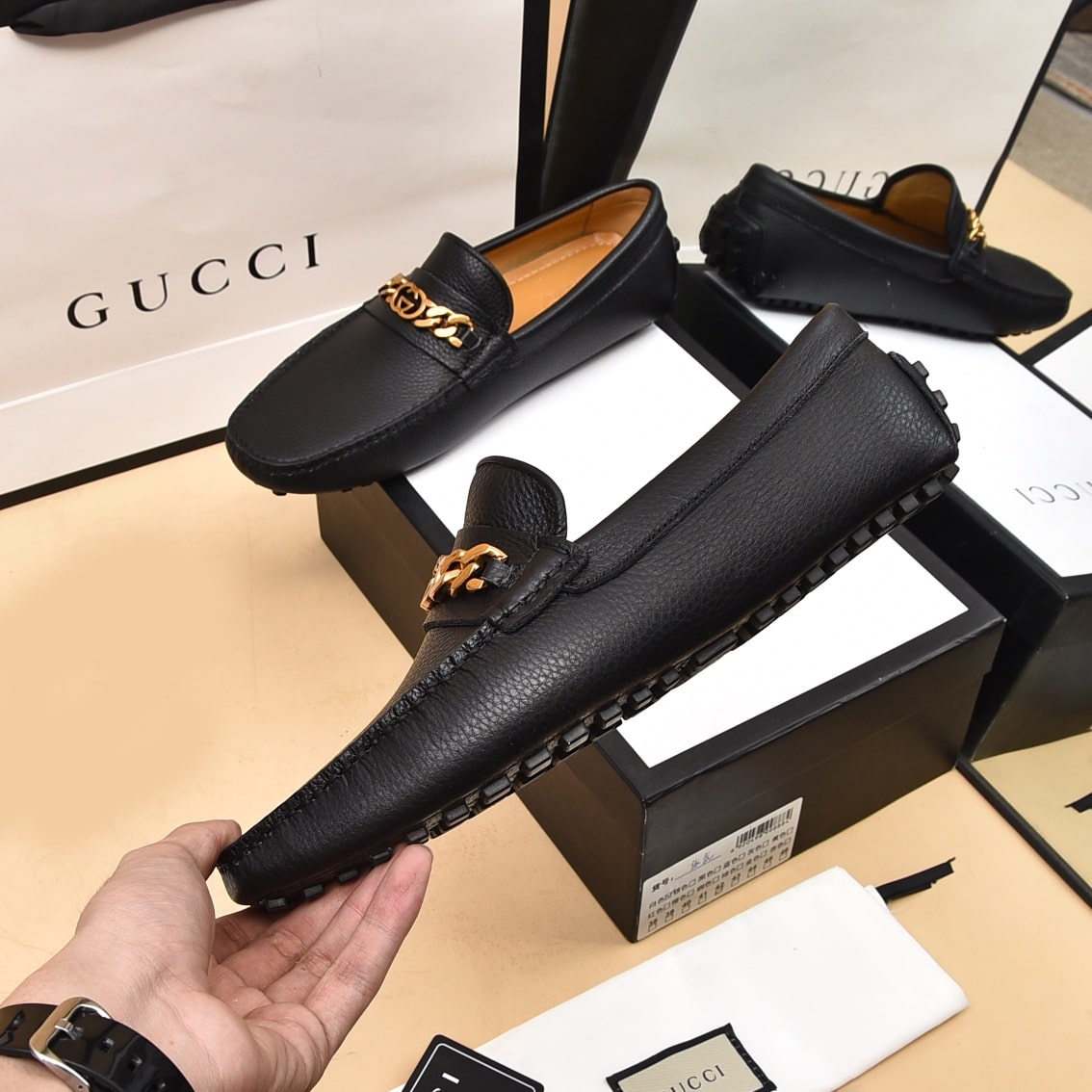 Gucci Black Leather G Chain Driving Loafer