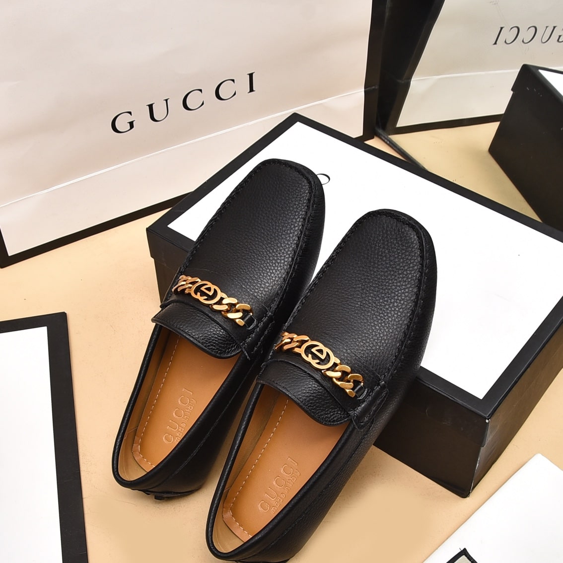 Gucci Black Leather G Chain Driving Loafer