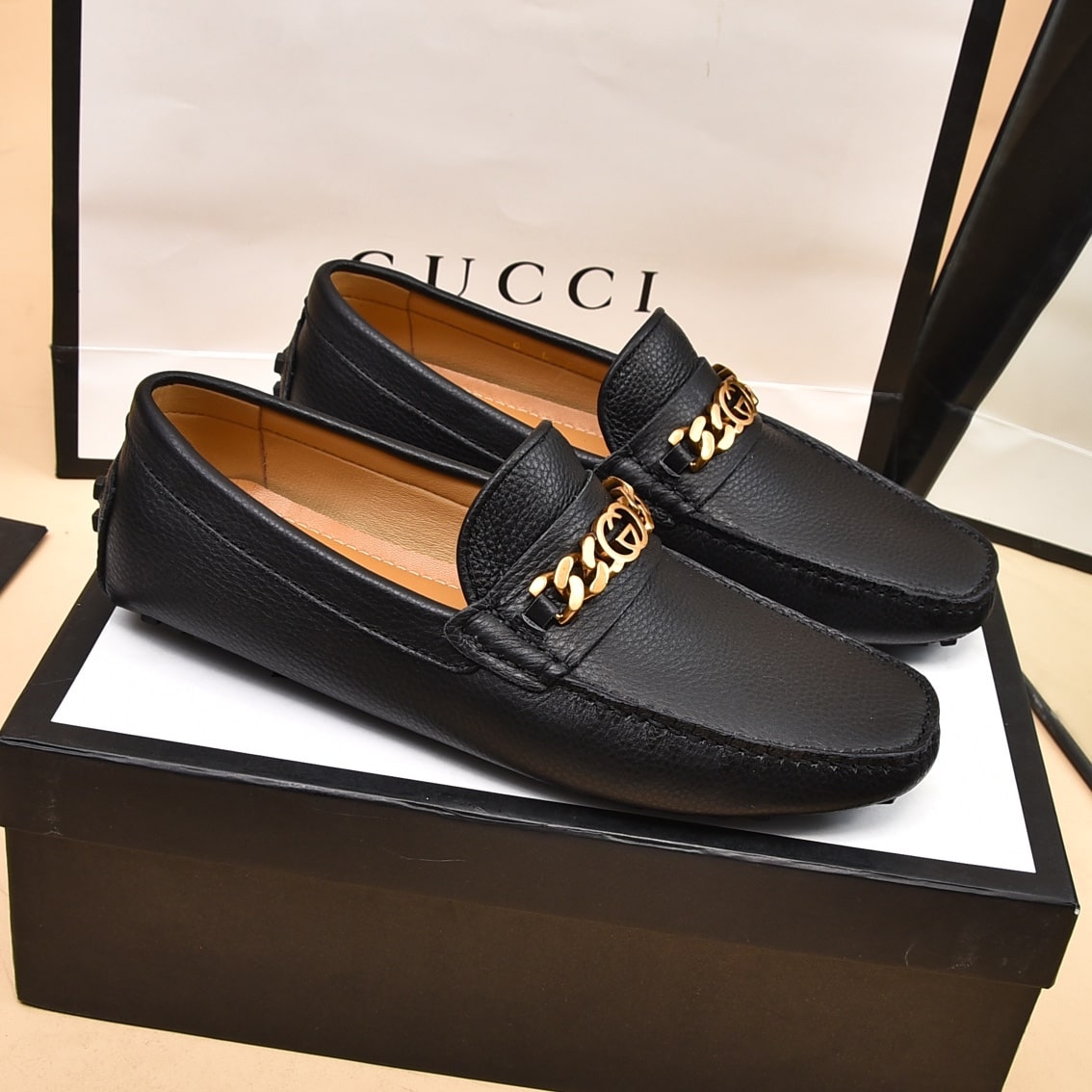 Gucci Black Leather G Chain Driving Loafer