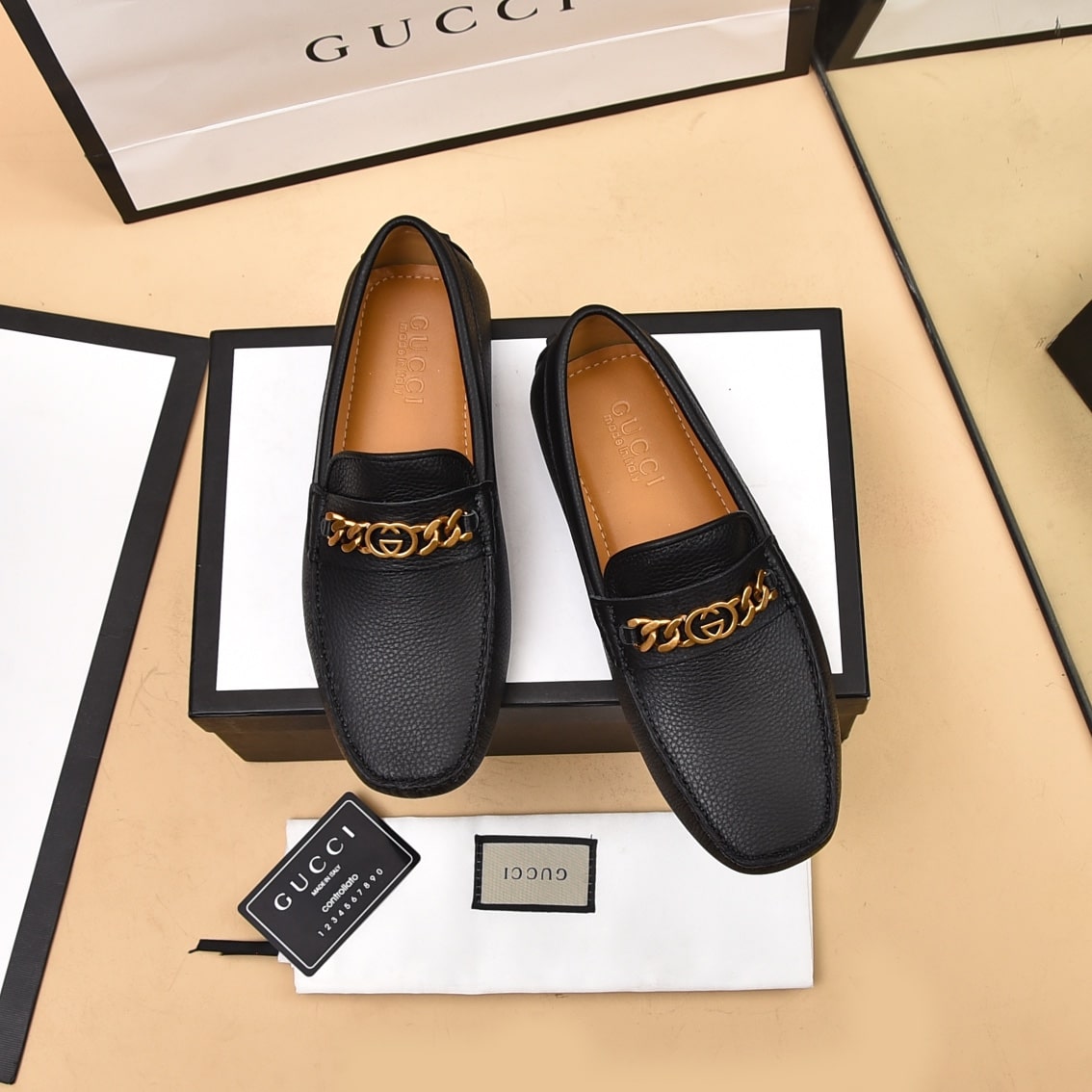 Gucci Black Leather G Chain Driving Loafer