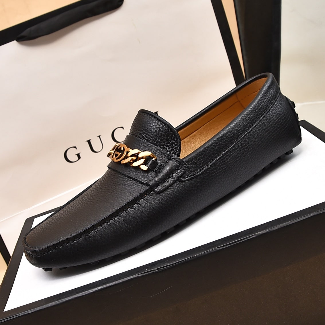 Gucci Black Leather G Chain Driving Loafer