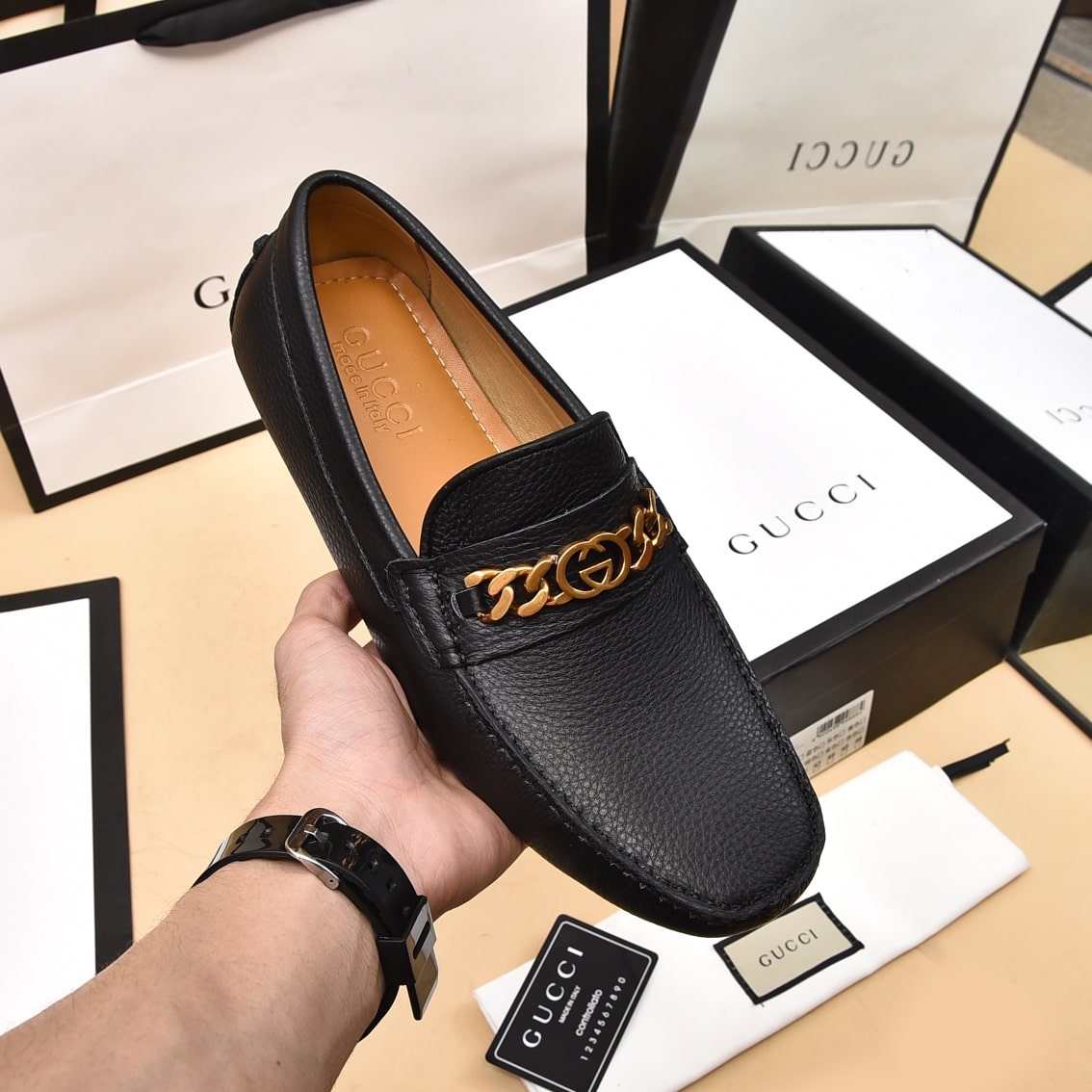 Gucci Black Leather G Chain Driving Loafer