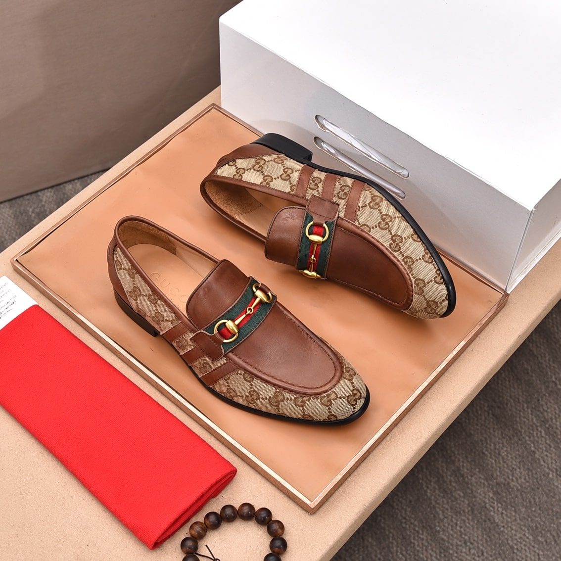 Gucci Web Jacquard Brown Loafers