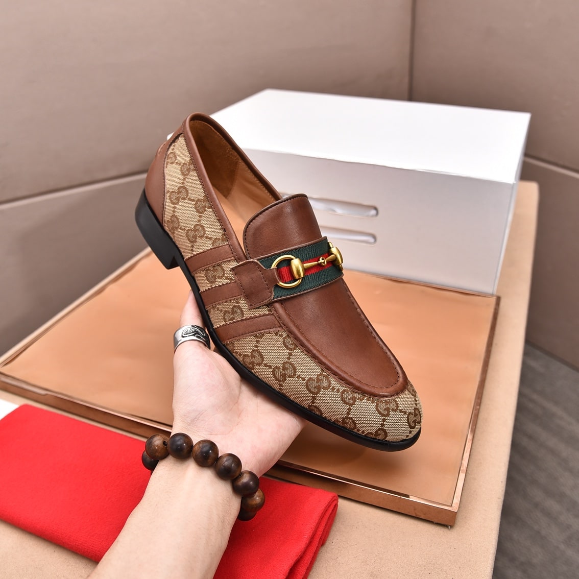 Gucci Web Jacquard Brown Loafers