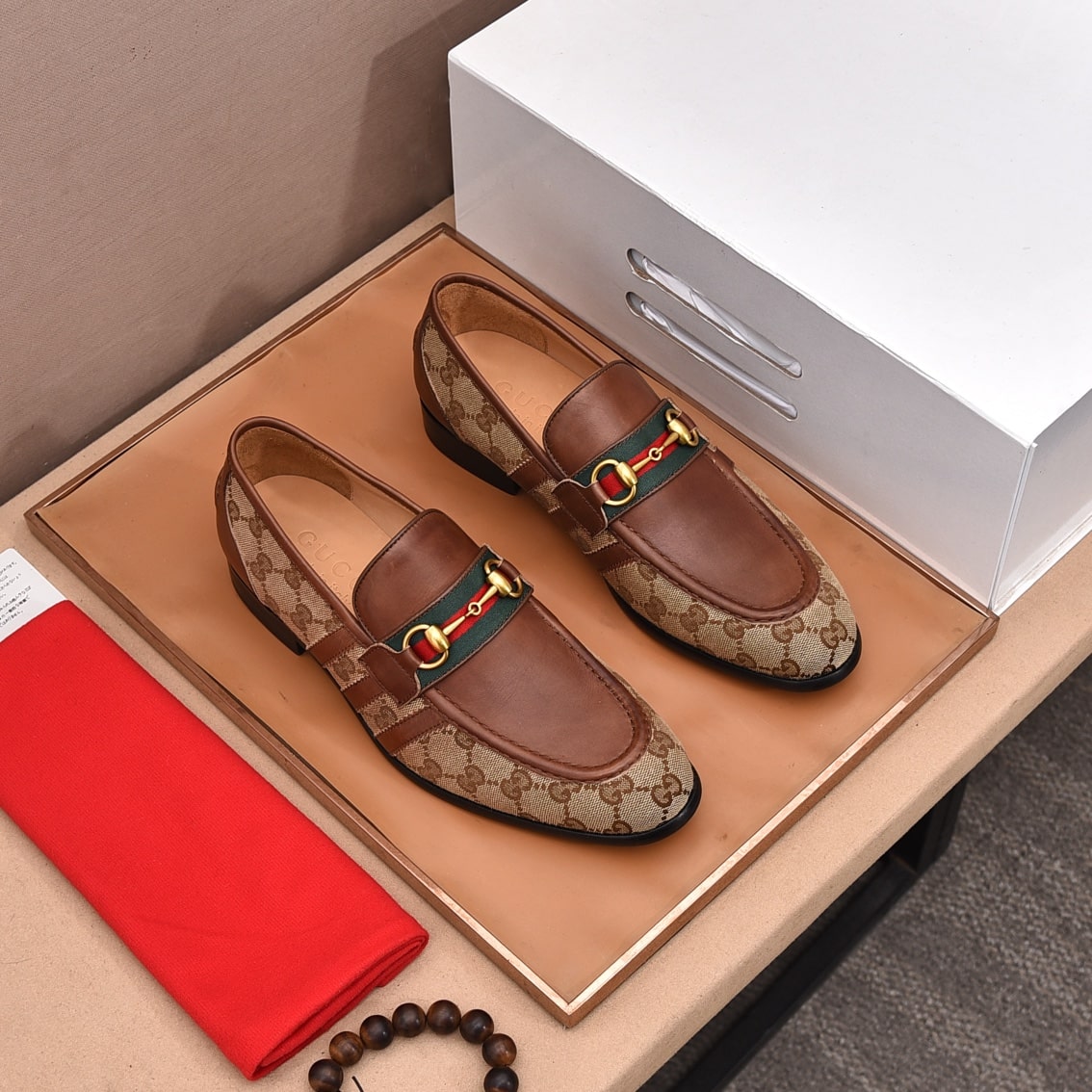 Gucci Web Jacquard Brown Loafers