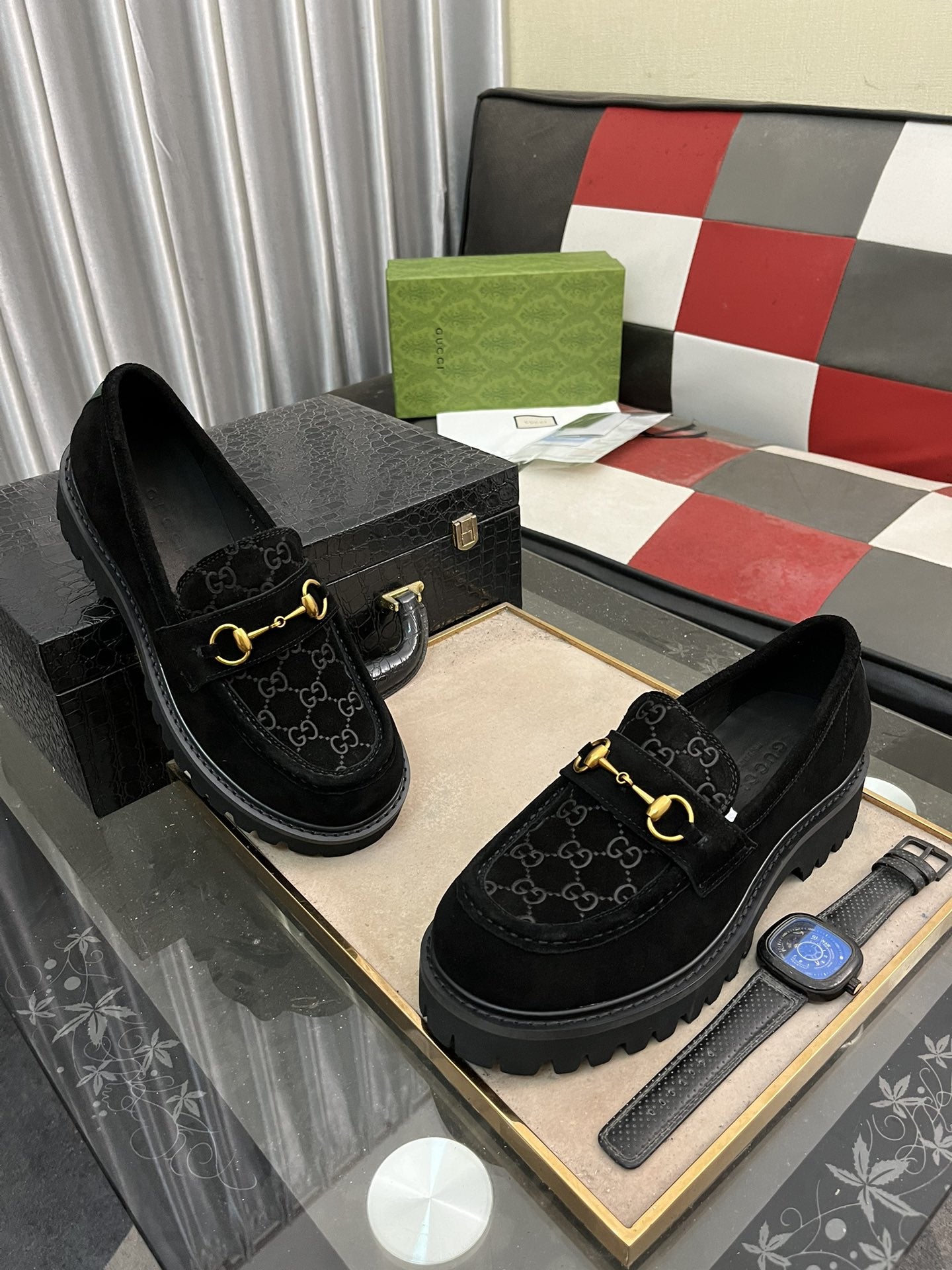 Gucci Suede Horsebit Black Loafer.