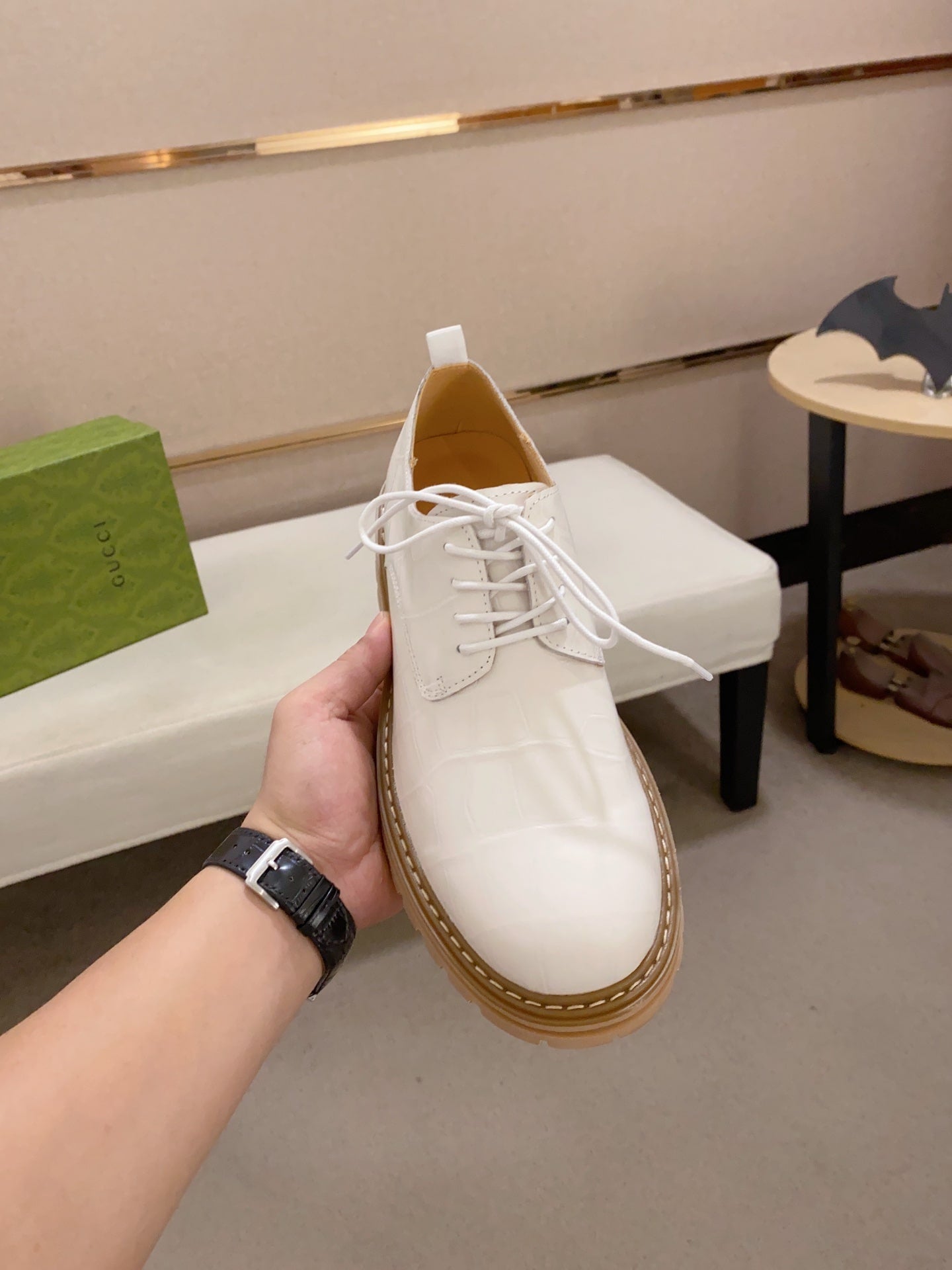 Gucci-Inspired White Leather Lace-Up Derby Shoes