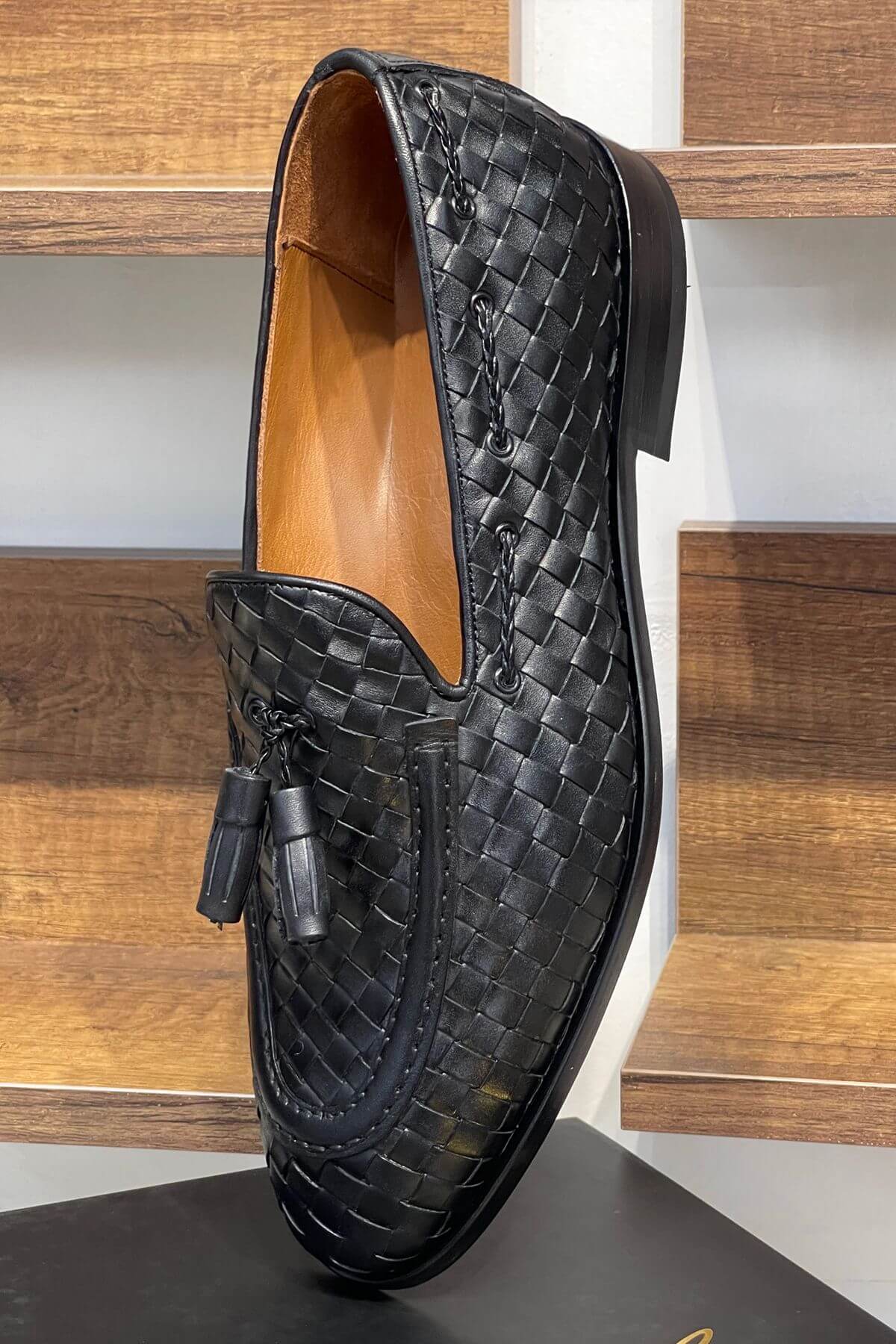 Handcrafted Woven Leather Tasseled Loafers in Black